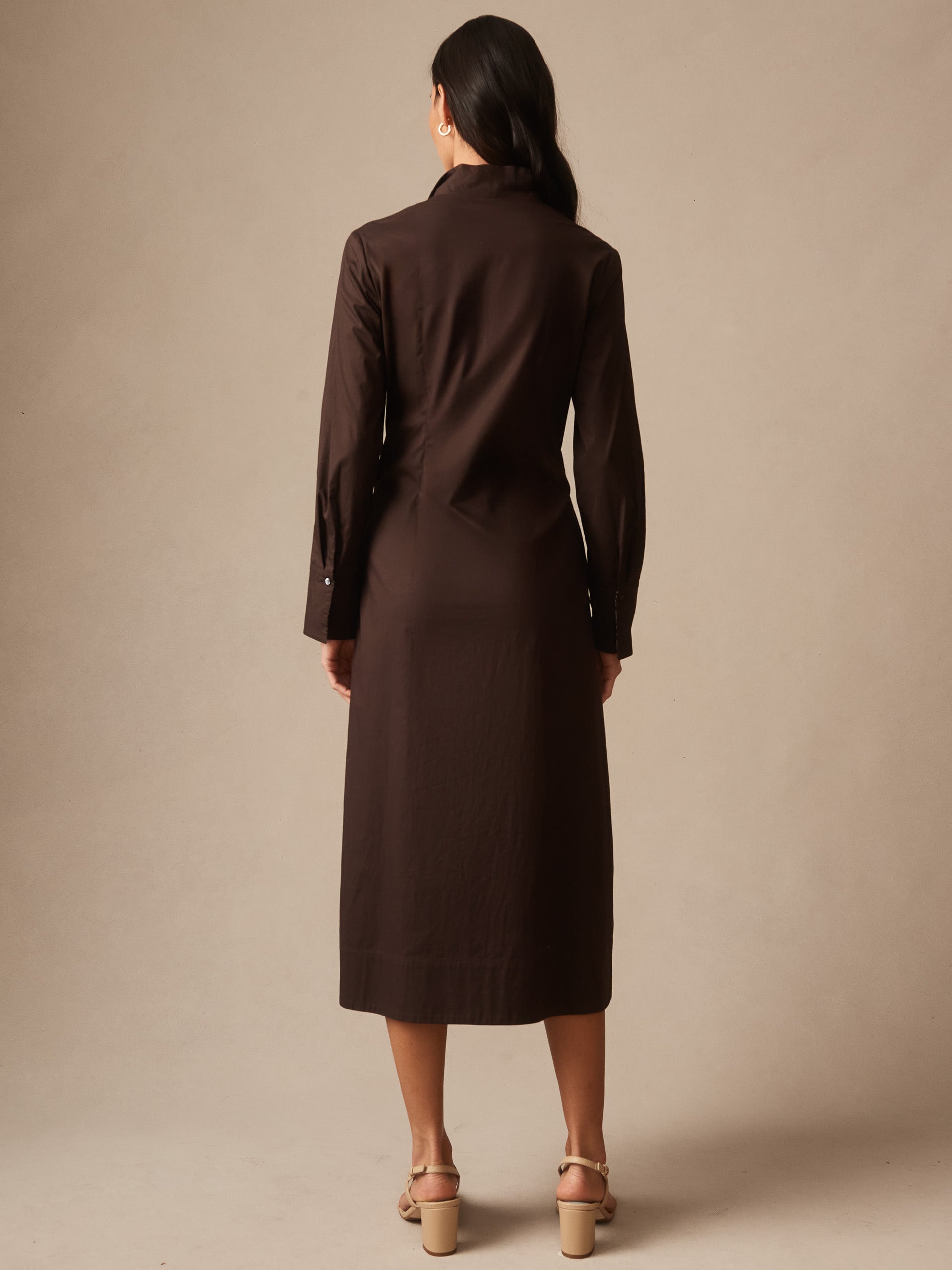 Model seen from behind wearing a chocolate brown Alina Dress by J.McLaughlin featuring a classic, tailored fit and long sleeves, embodying effortlessly stylish, enduring designs in innovative fabrics.
