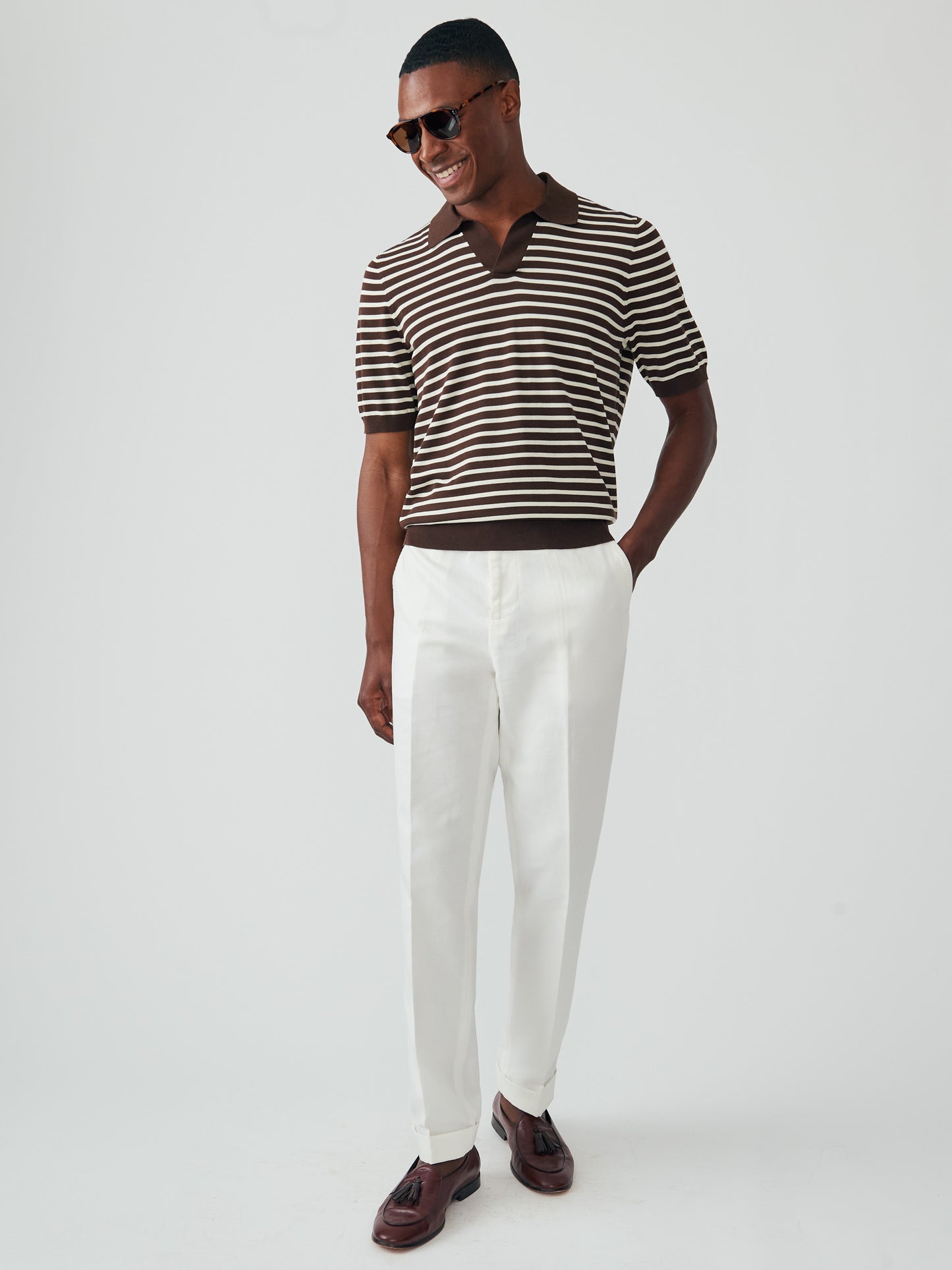 J.McLaughlin Amalfi top in brown/egret white made with cotton. 