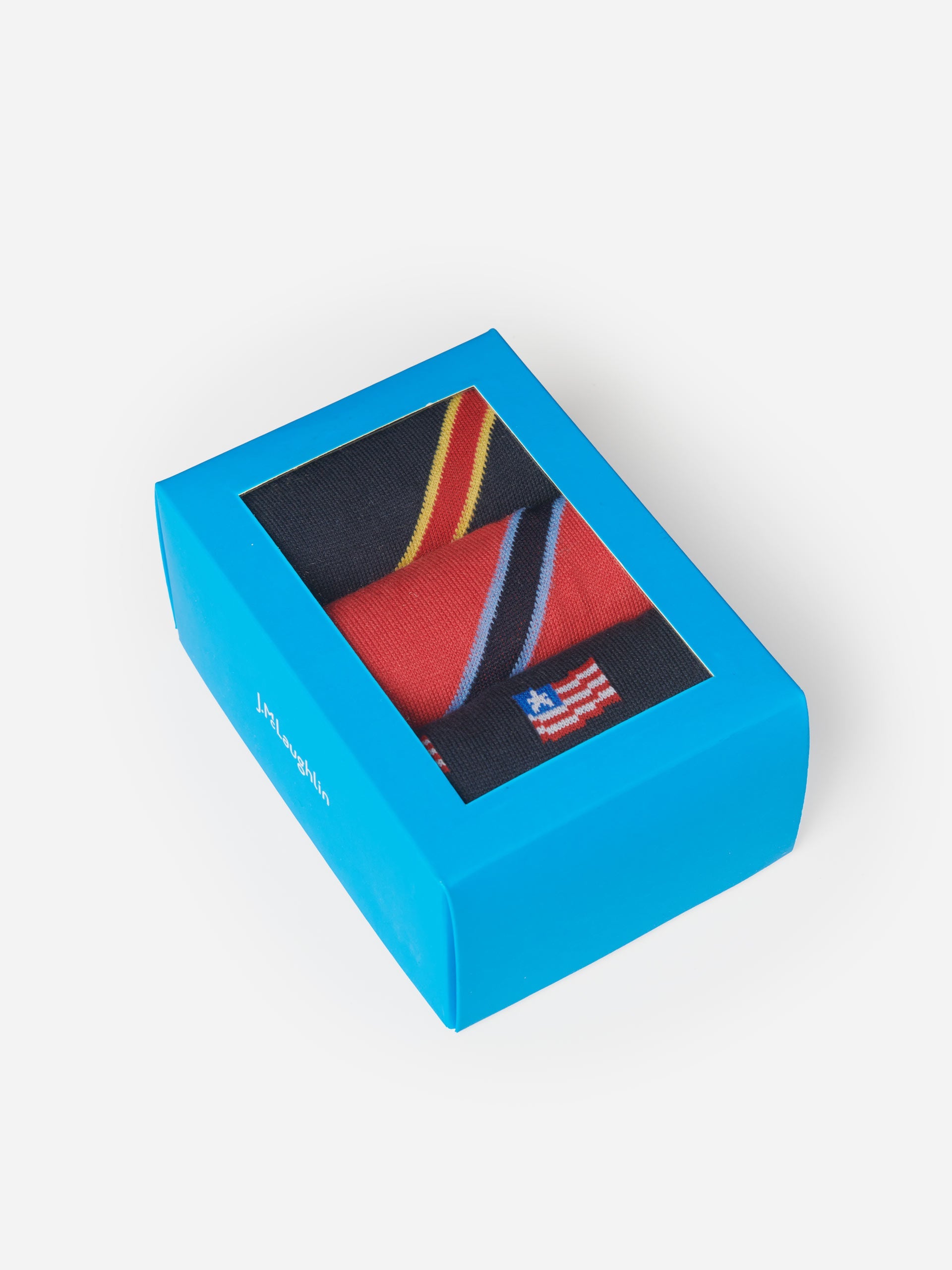 J.McLaughlin Sock Box in navy/red made with pima cotton fabric.