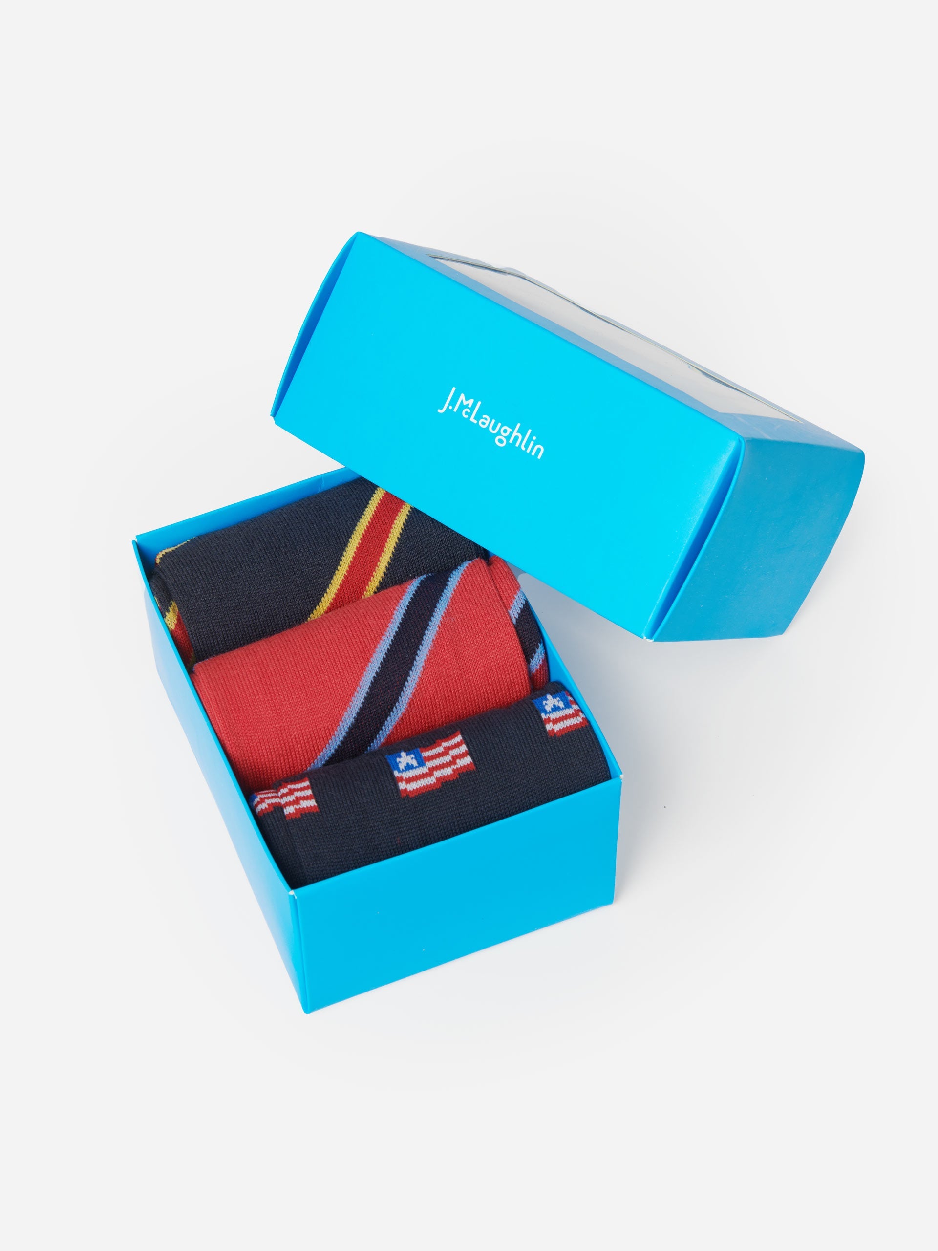 J.McLaughlin Sock Box in navy/red made with pima cotton fabric.