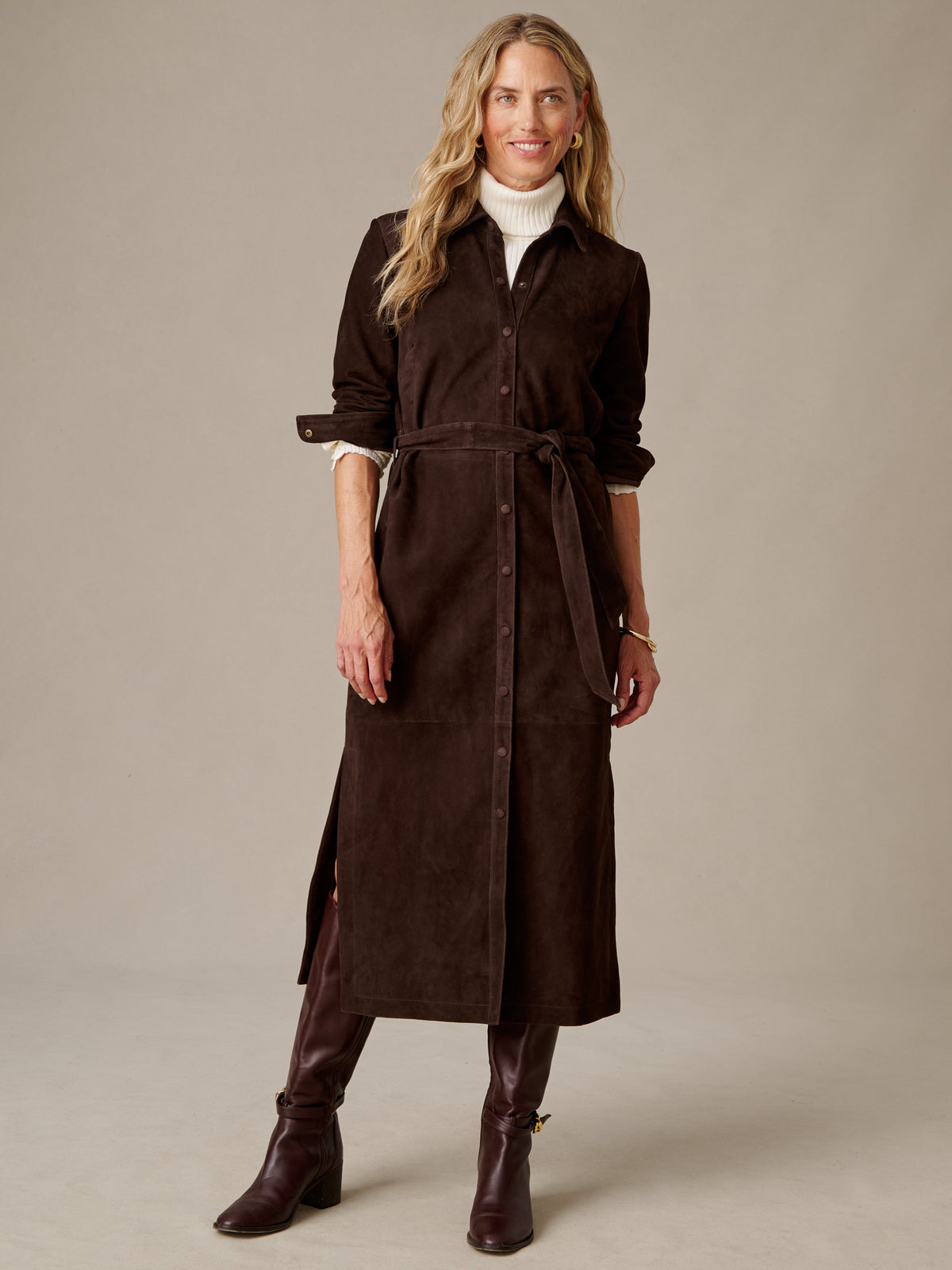 J.McLaughlin Amory Suede Maxi Dress in rich chocolate brown with a belted shirt dress silhouette styled with tall boots for timeless appeal
