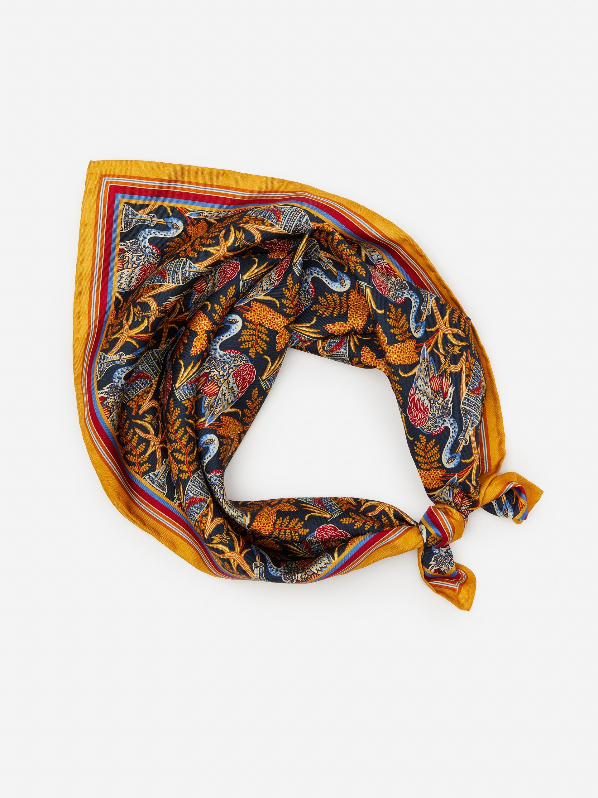 J.McLaughlin Amoura scarf in navy/gold/red made with silk.