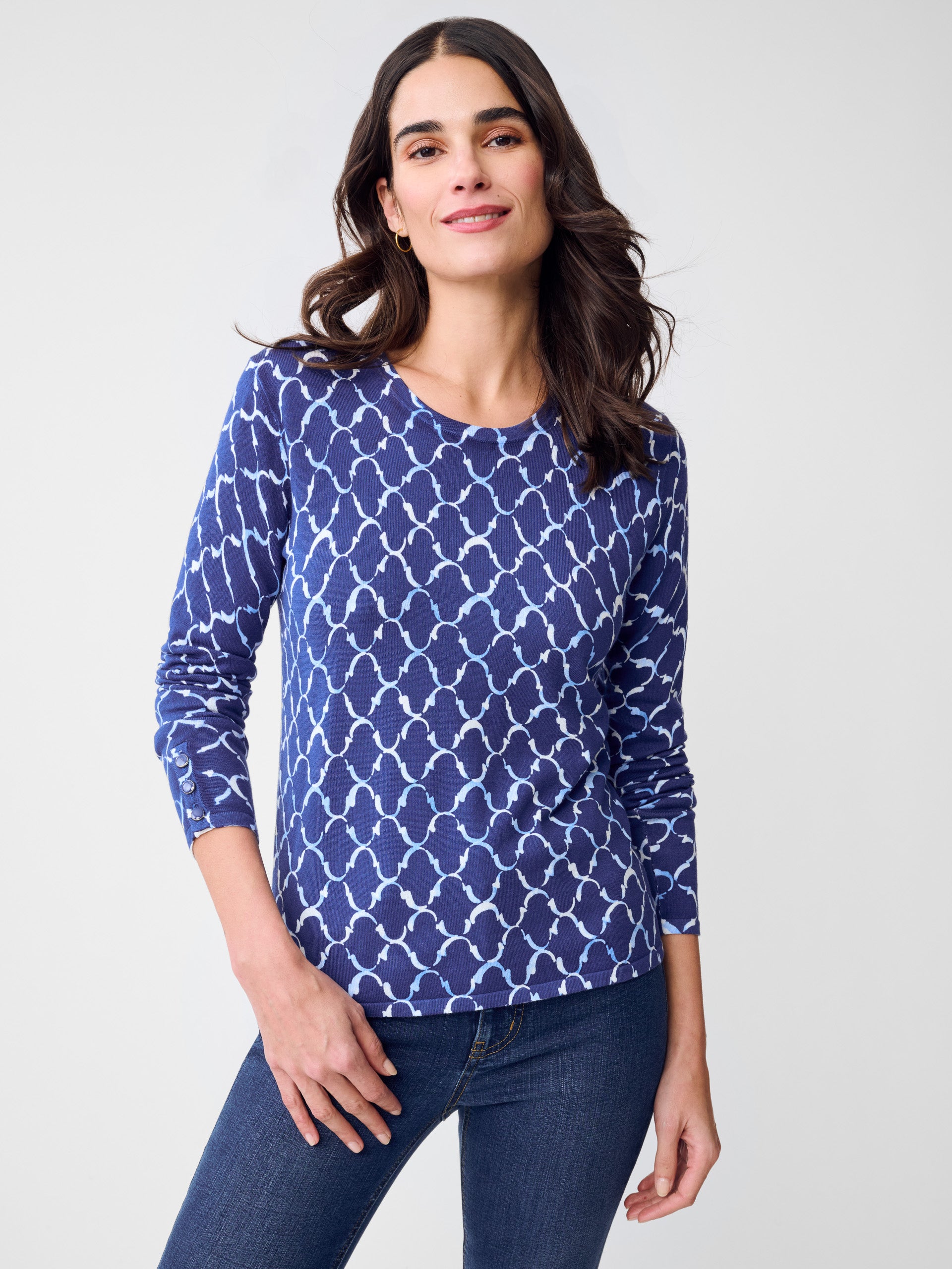 J.McLaughlin Anilee sweater in Navy/Chambray made with cotton.