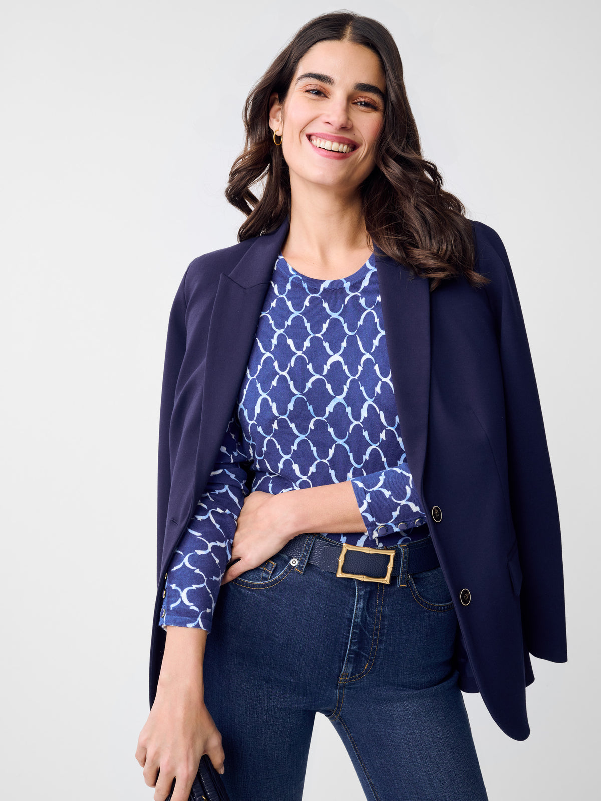 J.McLaughlin Anilee sweater in Navy/Chambray made with cotton.