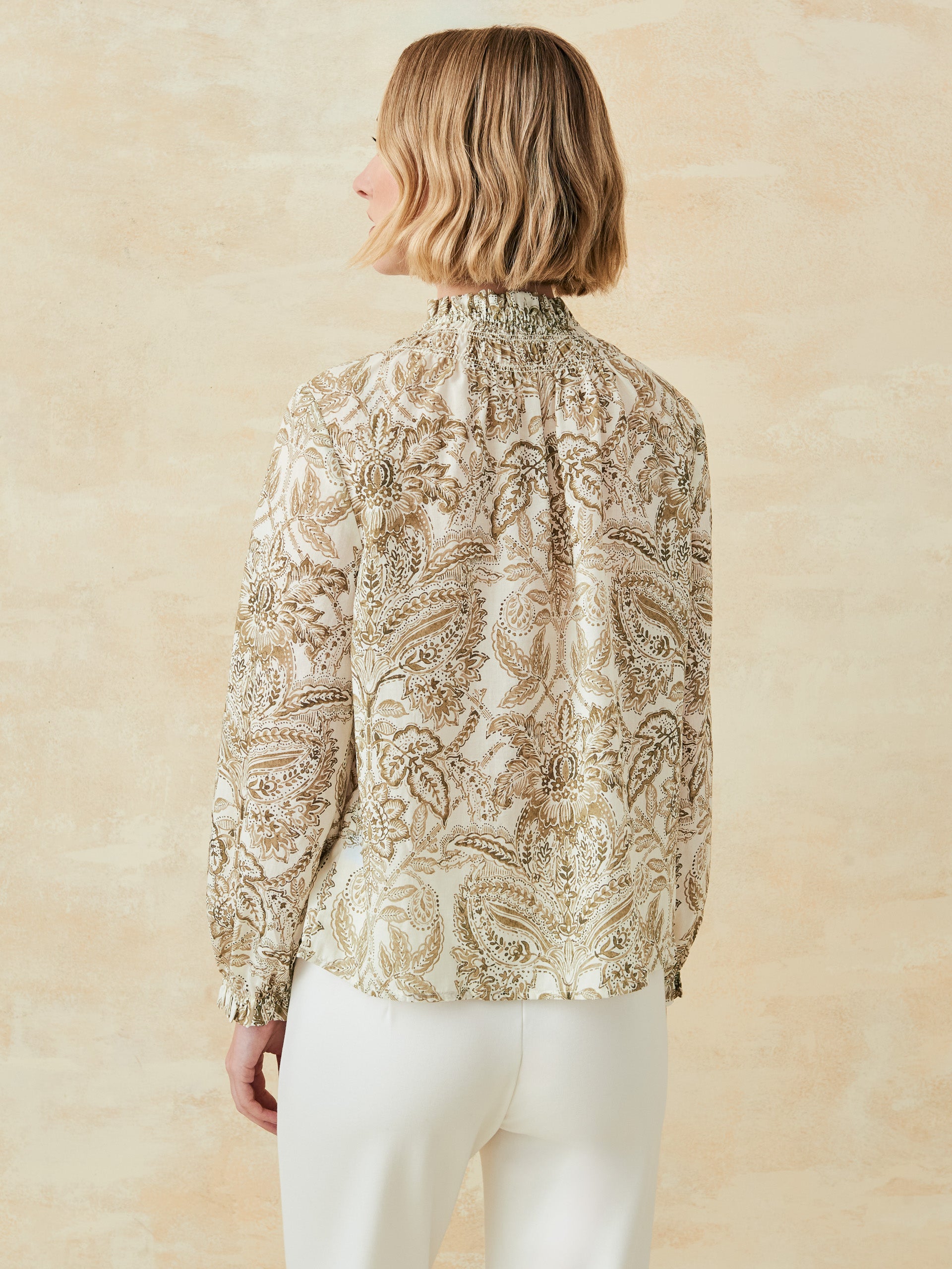 J.McLaughlin Antonia top in off white/brown made with tencel poplin. 