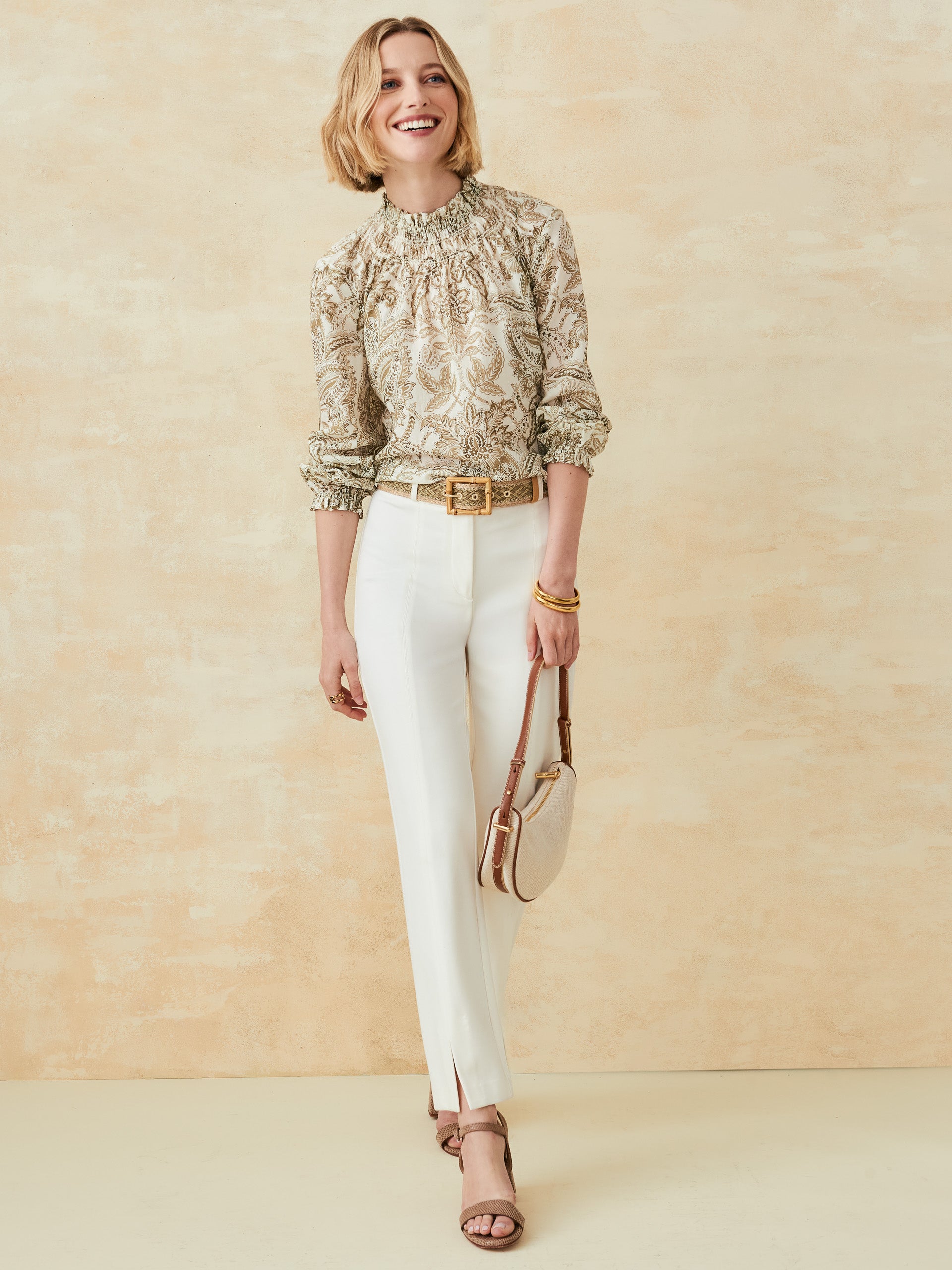 J.McLaughlin Antonia top in off white/brown made with tencel poplin. 