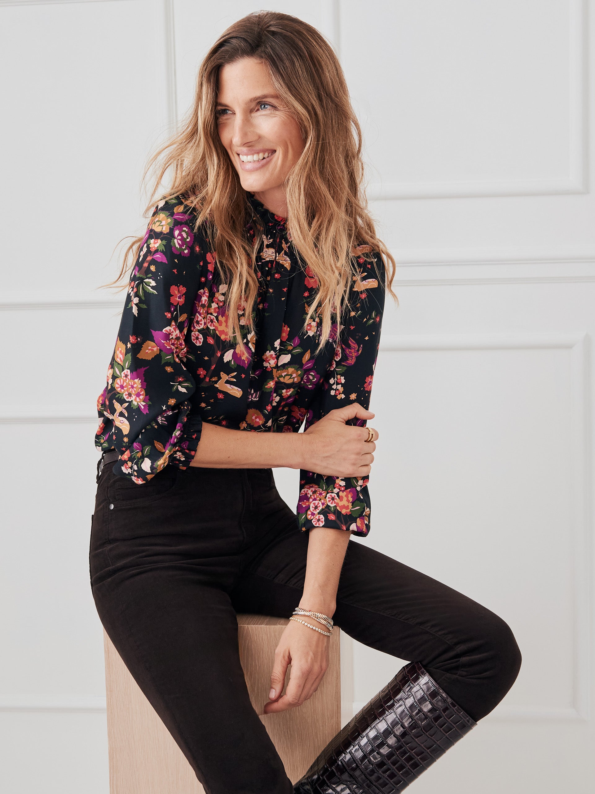 J.McLaughlin Antonia blouse in black/gold/purple made with tencel.