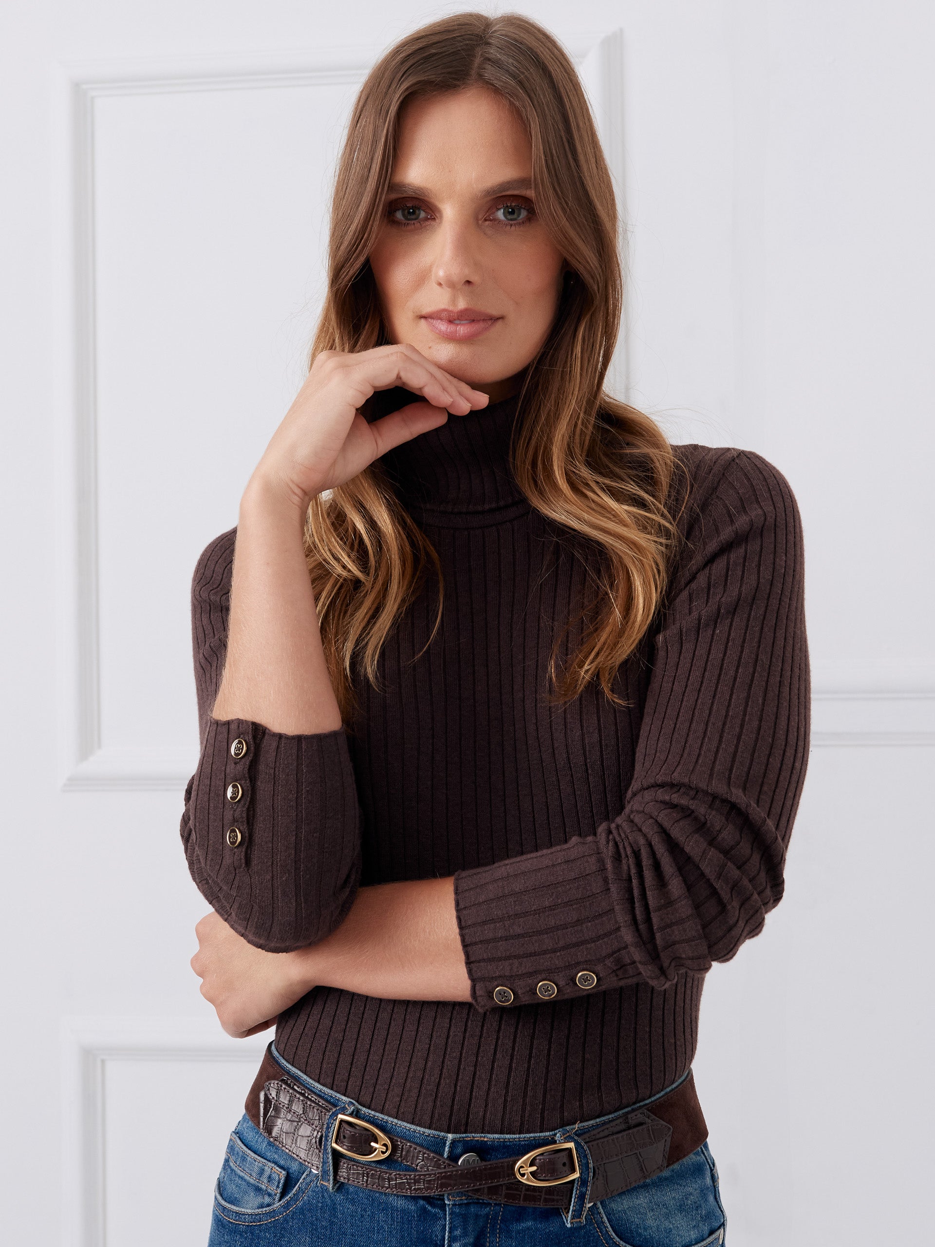 J.McLaughlin Arlette turtleneck in heather brown made with cotton/modal.