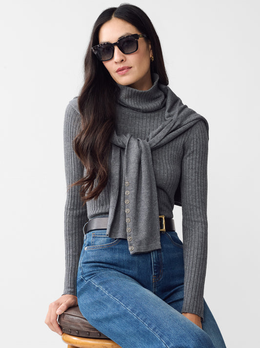 Model wearing J.McLaughlin Arlette turtleneck in heather gray made with cotton/modal.