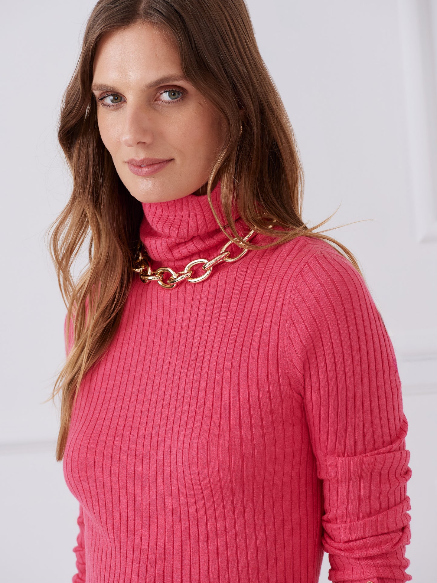 J.McLaughlin Arlette turtleneck in heather hot pink made with cotton/modal.