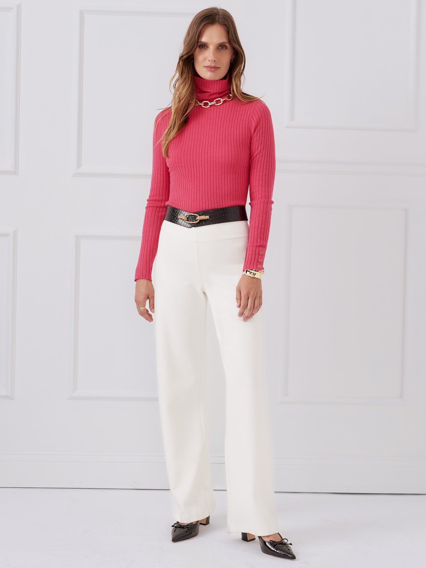 J.McLaughlin Arlette turtleneck in heather hot pink made with cotton/modal.