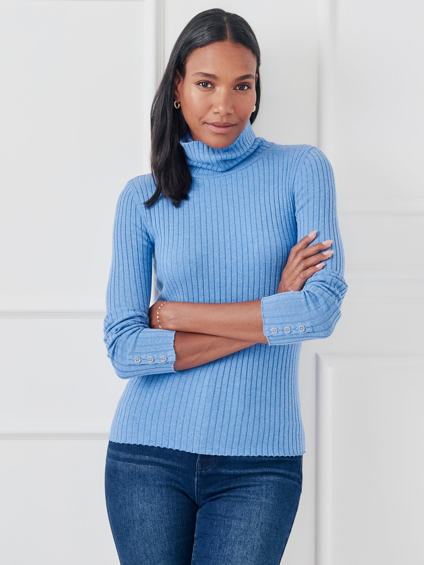 J.McLaughlin Arlette sweater in light chambray made with cotton/modal.