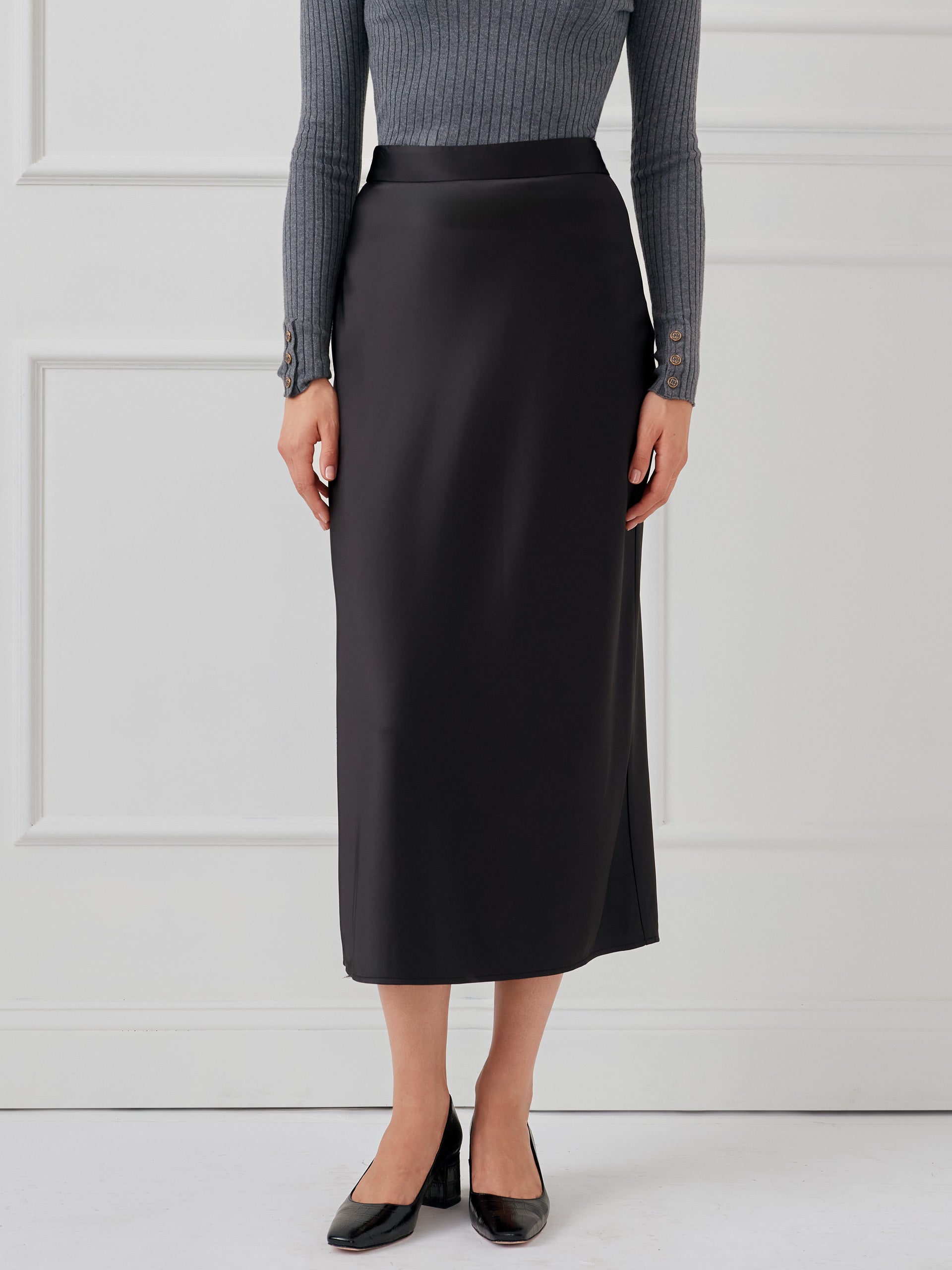 J.McLaughlin Zahara skirt in black made with poly satin.