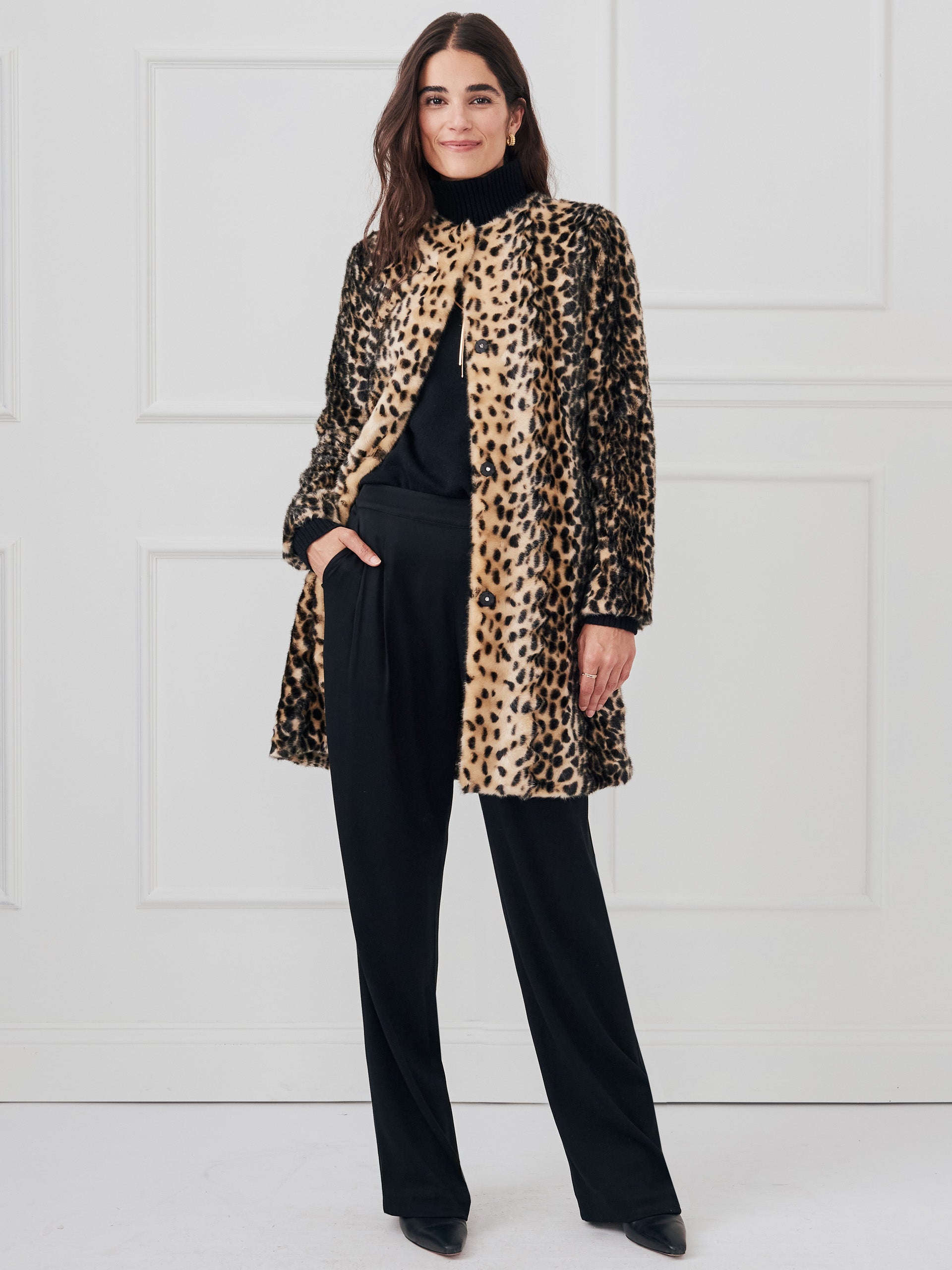 J.McLaughlin Pella coat in light sand/black made with modacrylic. 