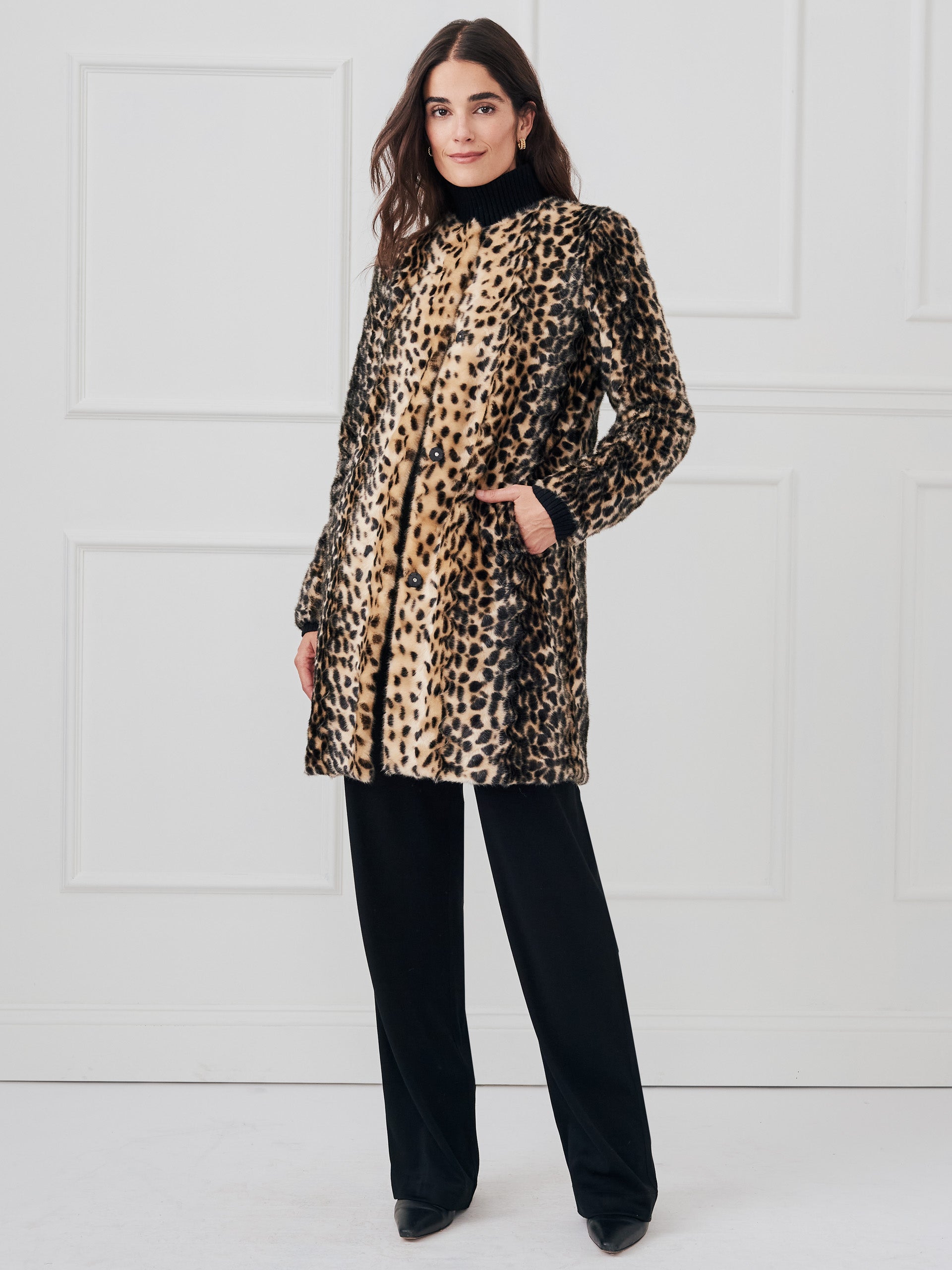 J.McLaughlin Pella coat in light sand/black made with modacrylic. 