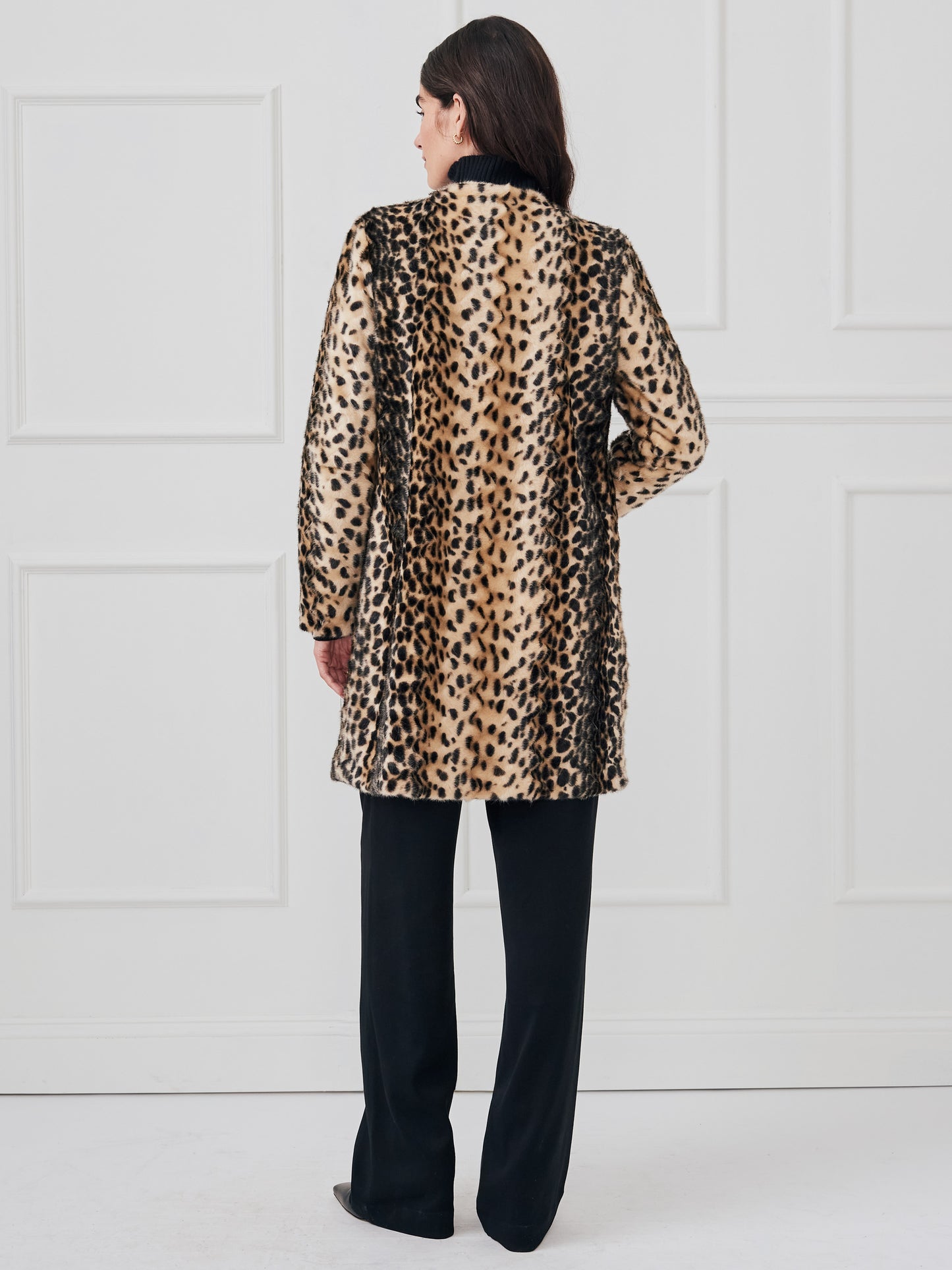 J.McLaughlin Pella coat in light sand/black made with modacrylic. 