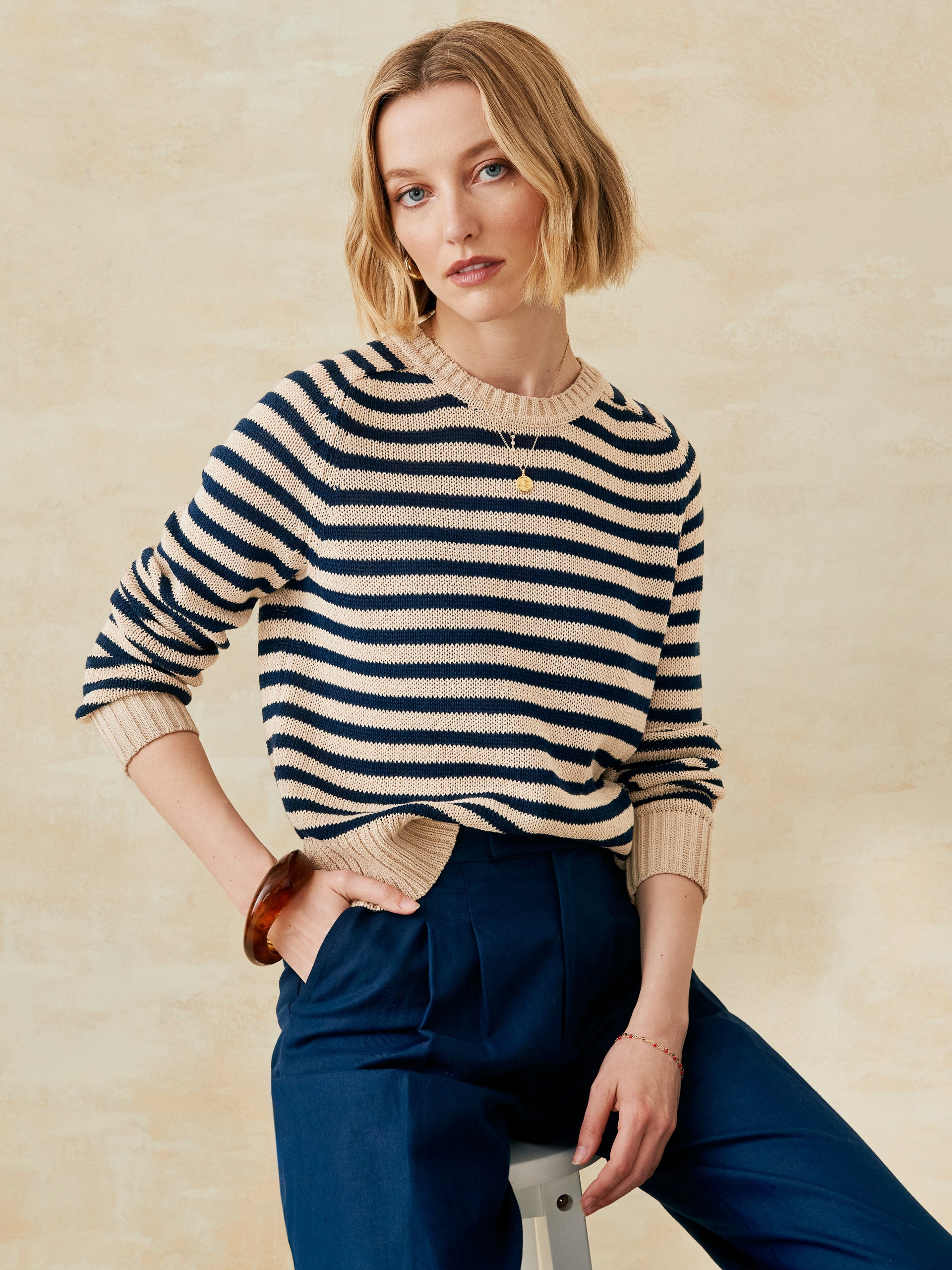 J.McLaughlin Asher sweater in light khaki/navy made with cotton/linen.