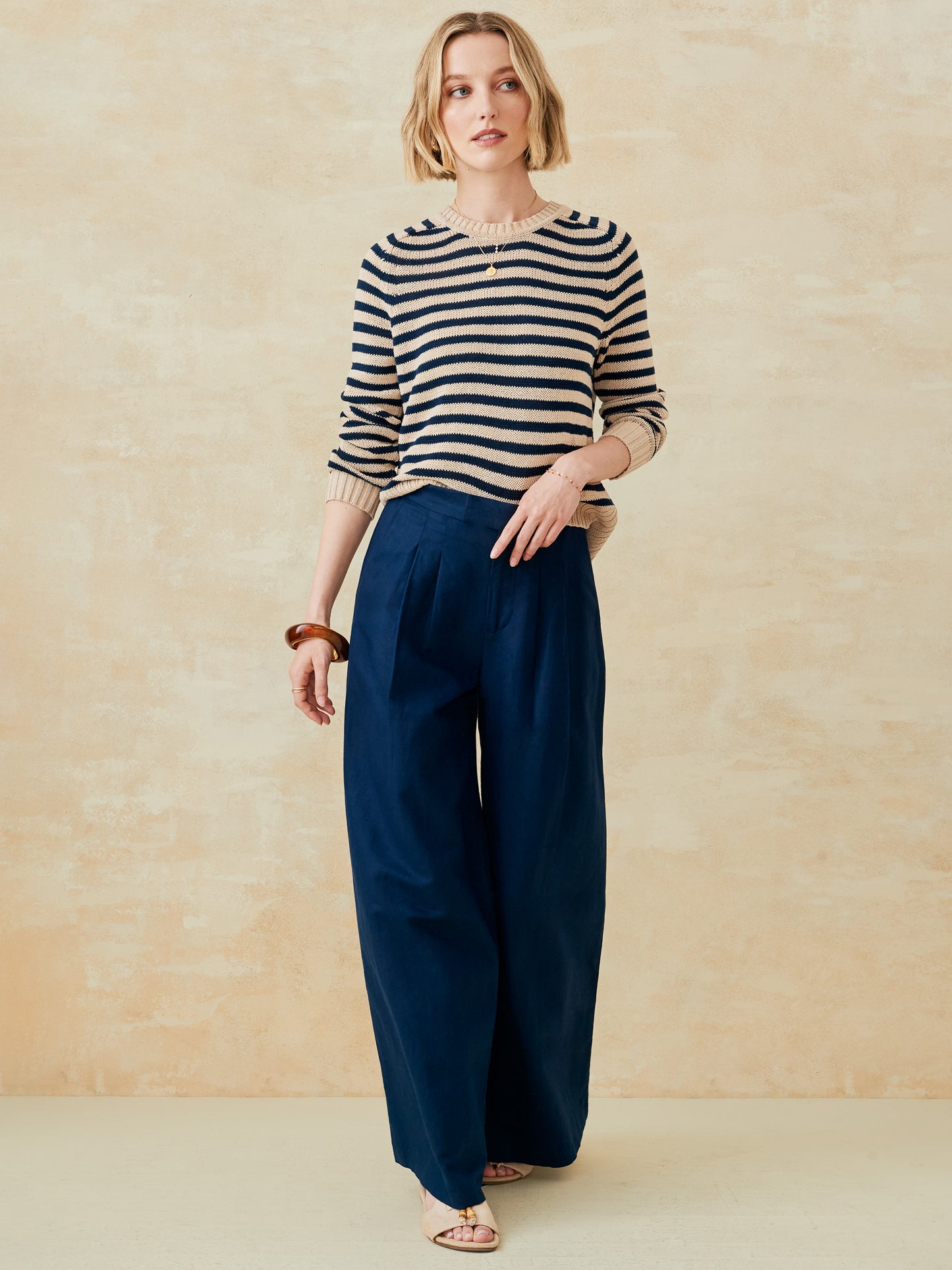 J.McLaughlin Asher sweater in light khaki/navy made with cotton/linen.