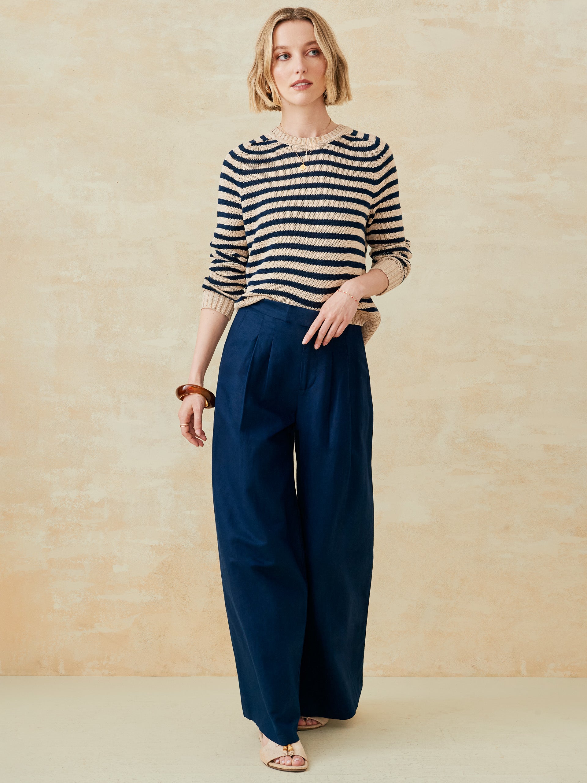 J.McLaughlin Asher sweater in light khaki/navy made with cotton/linen.