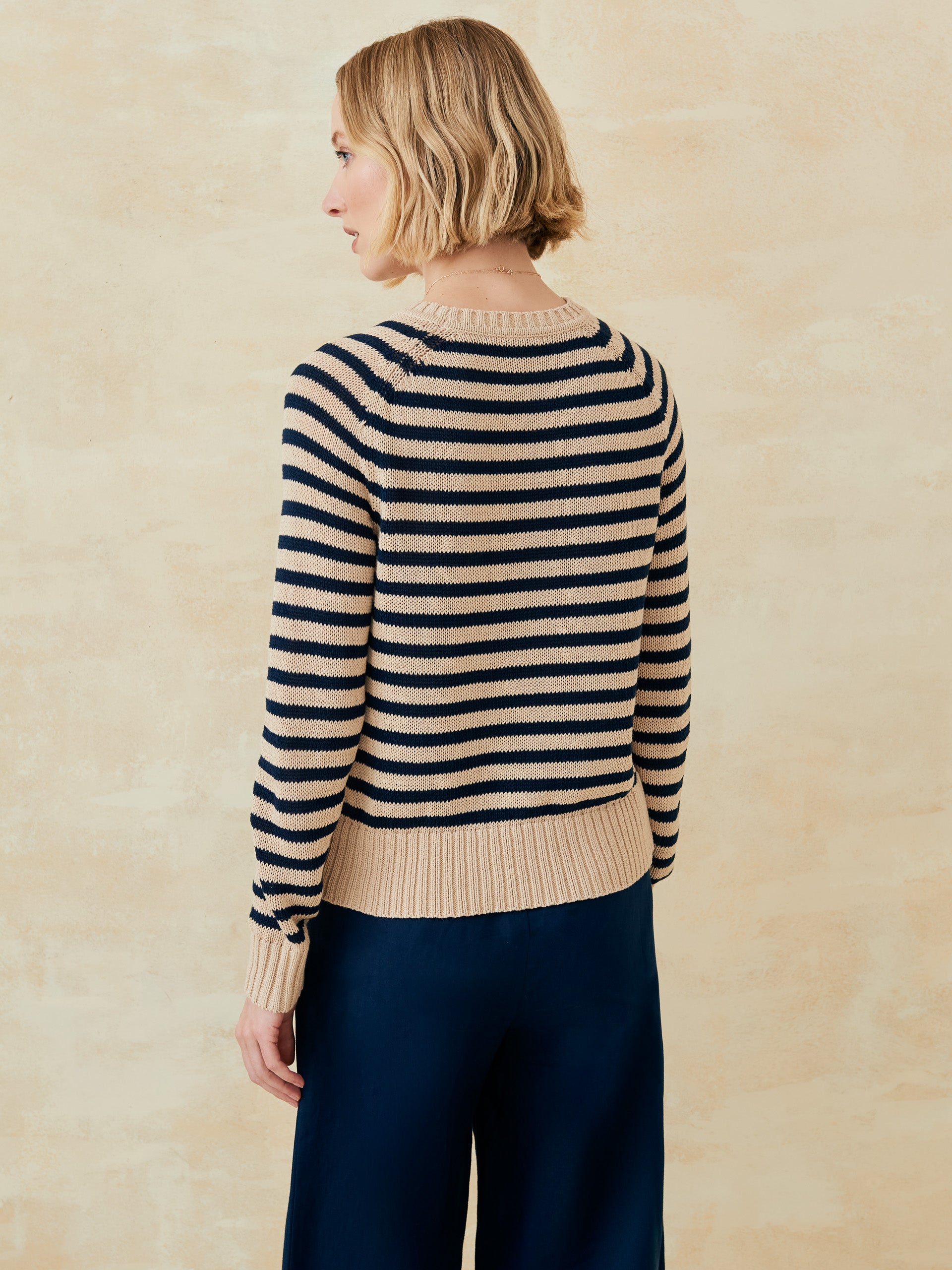 J.McLaughlin Asher sweater in light khaki/navy made with cotton/linen.