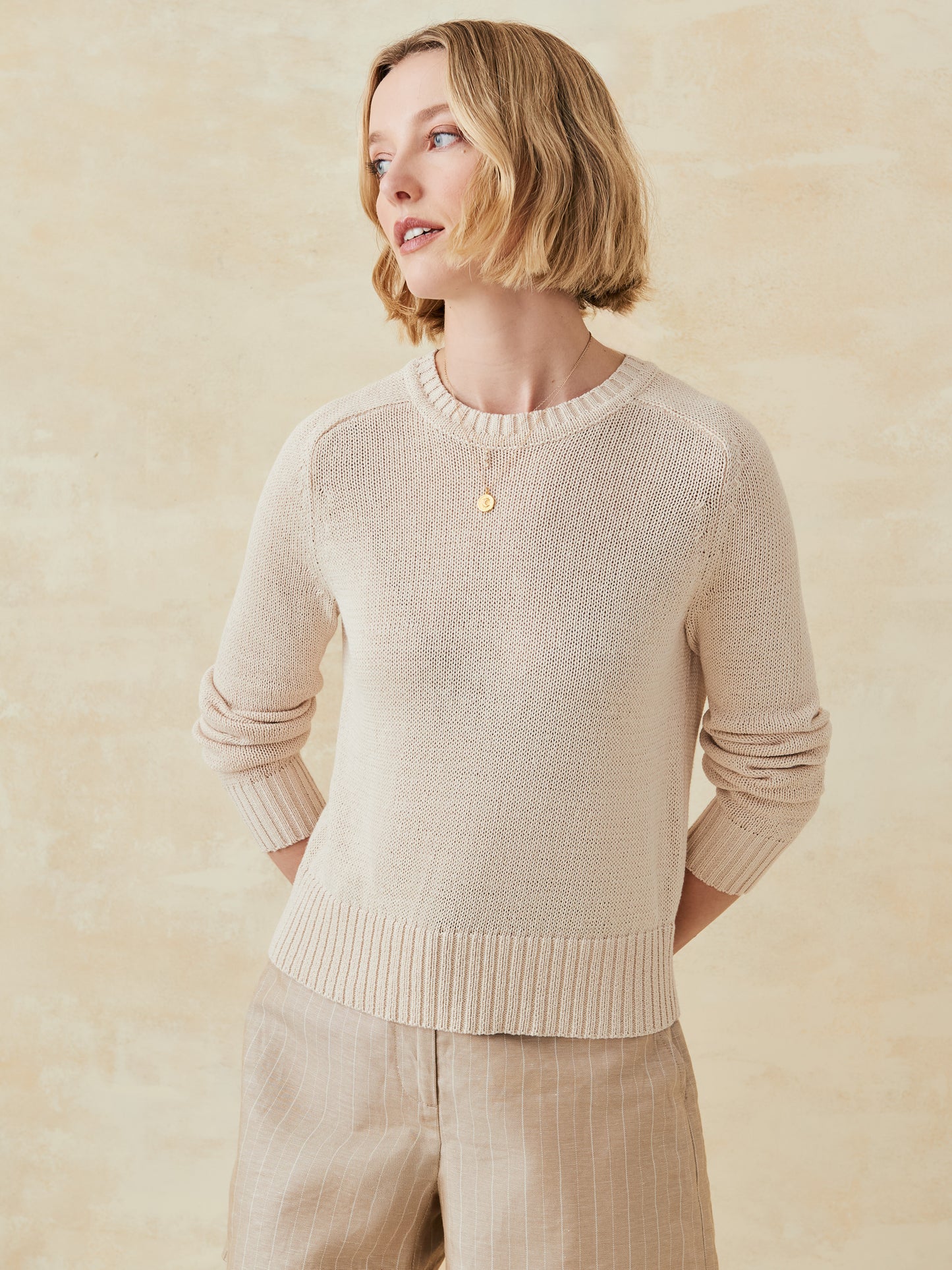 J.McLaughlin Asher sweater in light oatmeal made with linen/cotton.