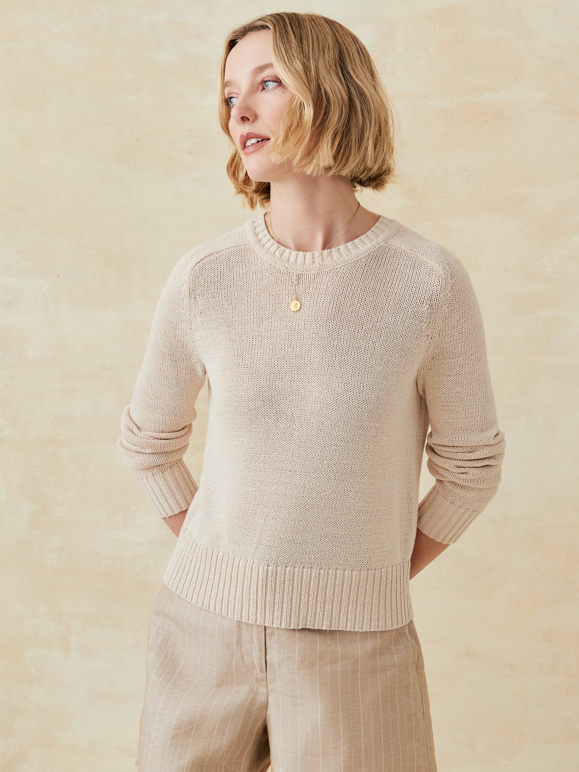 J.McLaughlin Asher sweater in light oatmeal made with linen/cotton.
