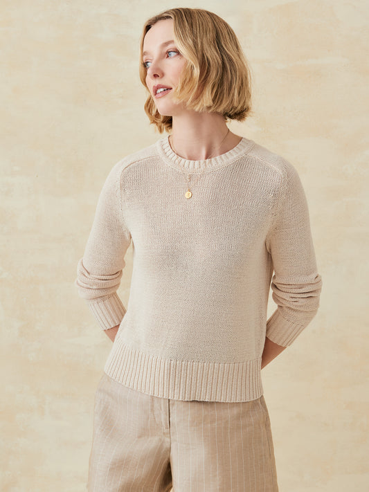 J.McLaughlin Asher sweater in light oatmeal made with linen/cotton.
