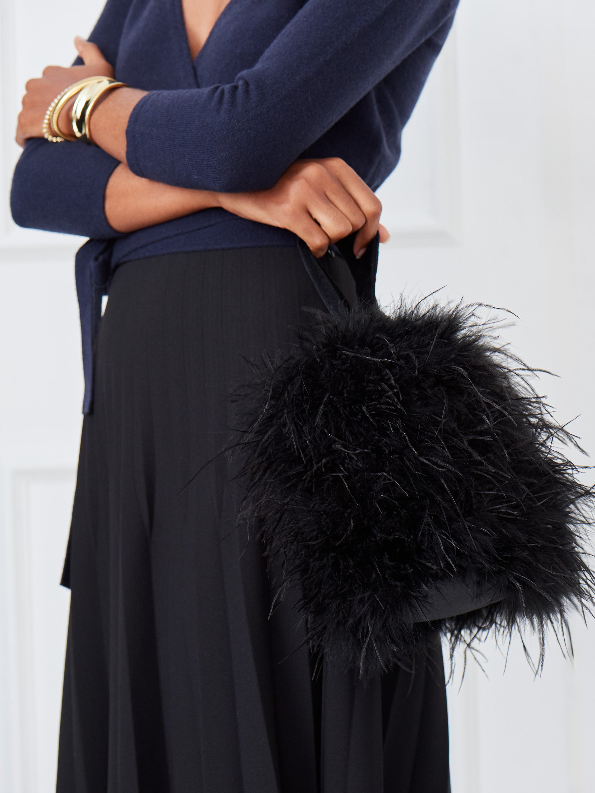 J.mcLaughlin Winona handbag in black made with ostrich feathers.
