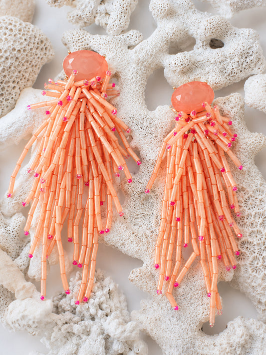 Beaded Tassel Earrings by J.McLaughlin in coral hues, featuring intricate beading and an effortlessly stylish design that reflects enduring elegance and timeless fashion.
