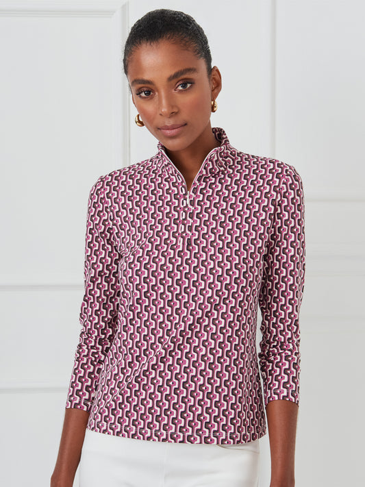 J.McLaughlin Bedford top in raspberry/brown made with catalina cloth.