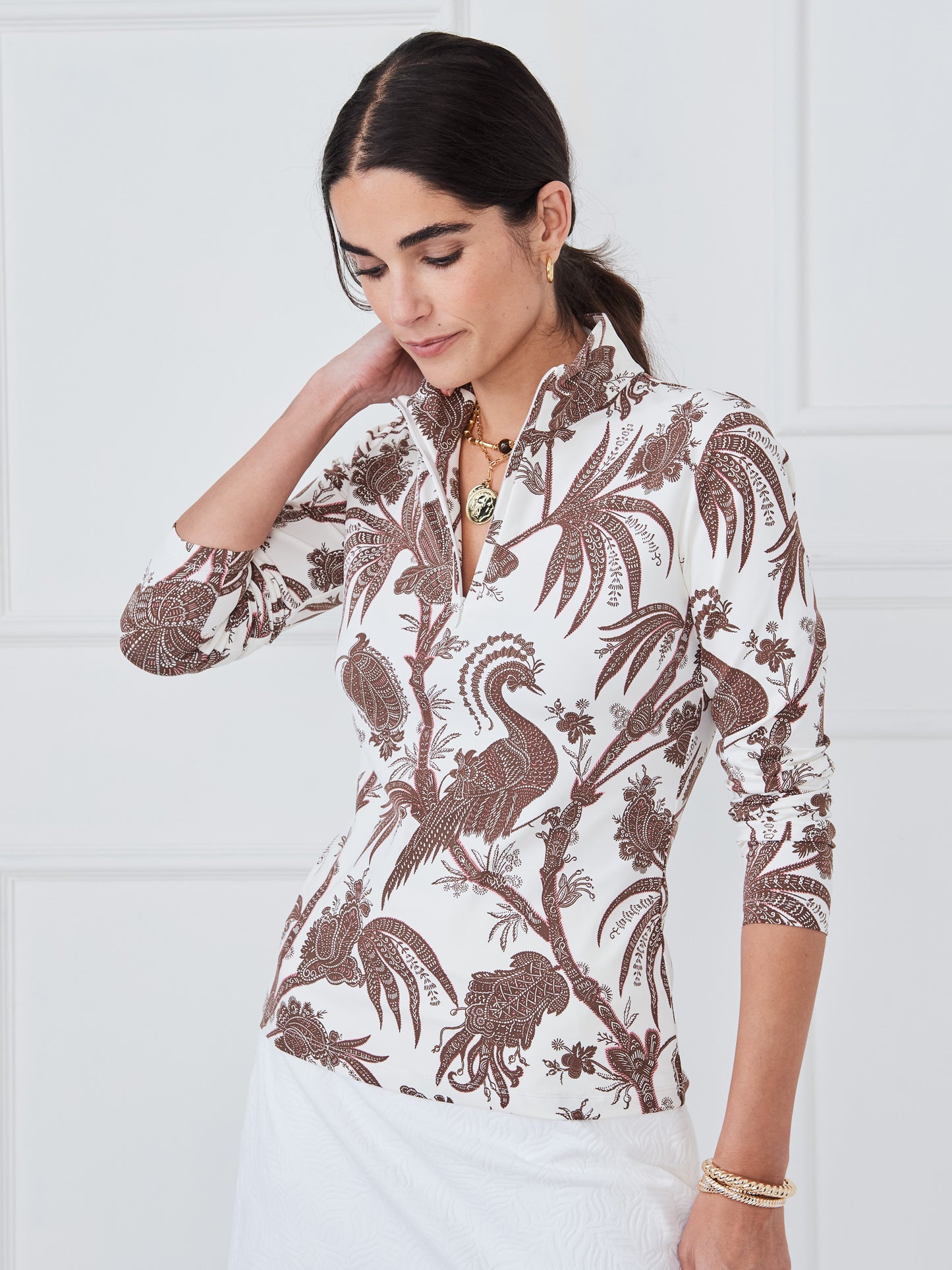 J.McLaughlin Bedford top in off white/brown made with catalina cloth. 