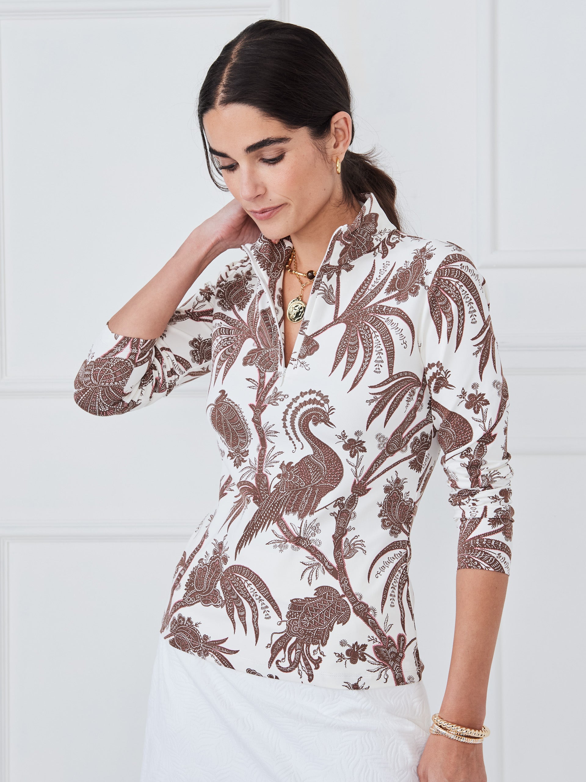 J.McLaughlin Bedford top in off white/brown made with catalina cloth. 