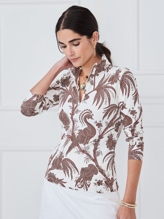 J.McLaughlin Bedford top in off white/brown made with catalina cloth. 