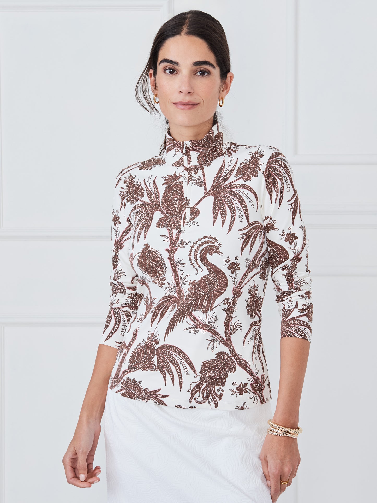 J.McLaughlin Bedford top in off white/brown made with catalina cloth.