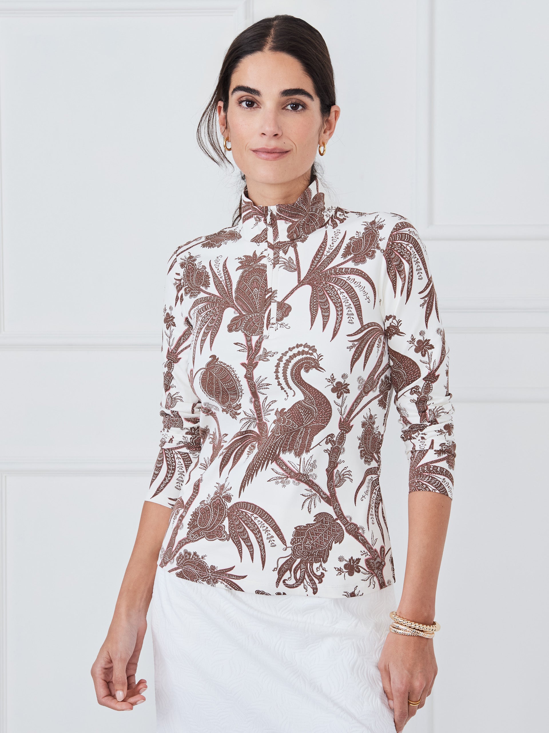 J.McLaughlin Bedford top in off white/brown made with catalina cloth.