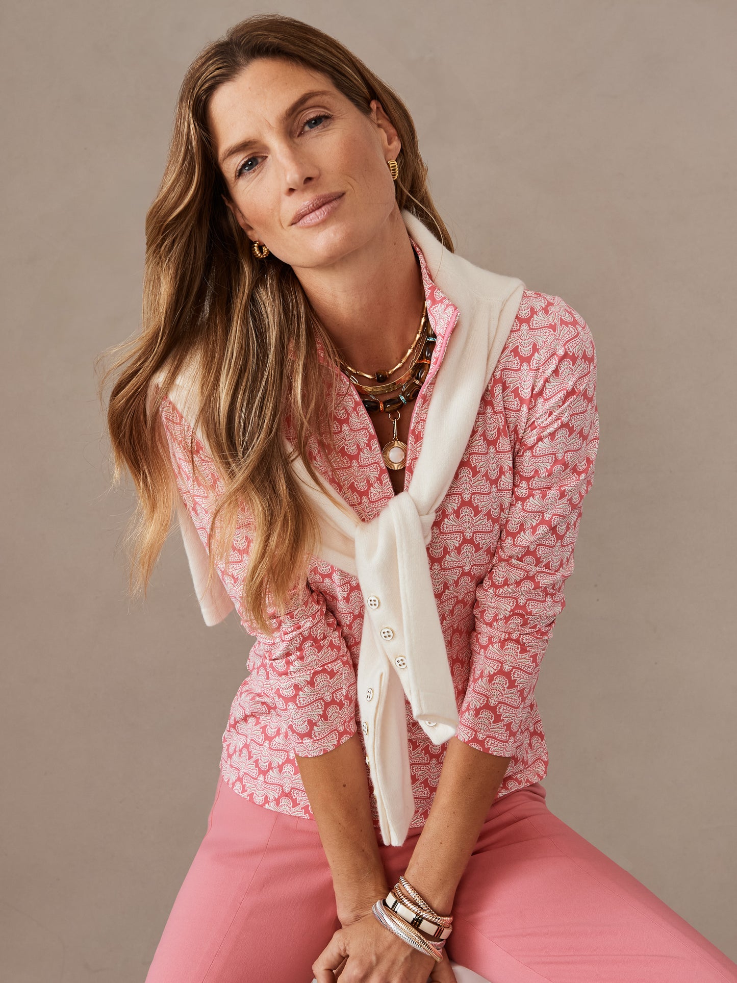 J.McLaughlin Bedford top in pink/off white made with catalina cloth. 