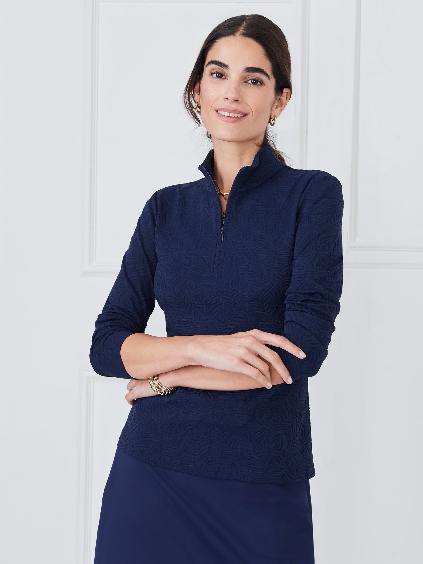 J.McLaughlin Bedford top in navy made with catalina cloth.