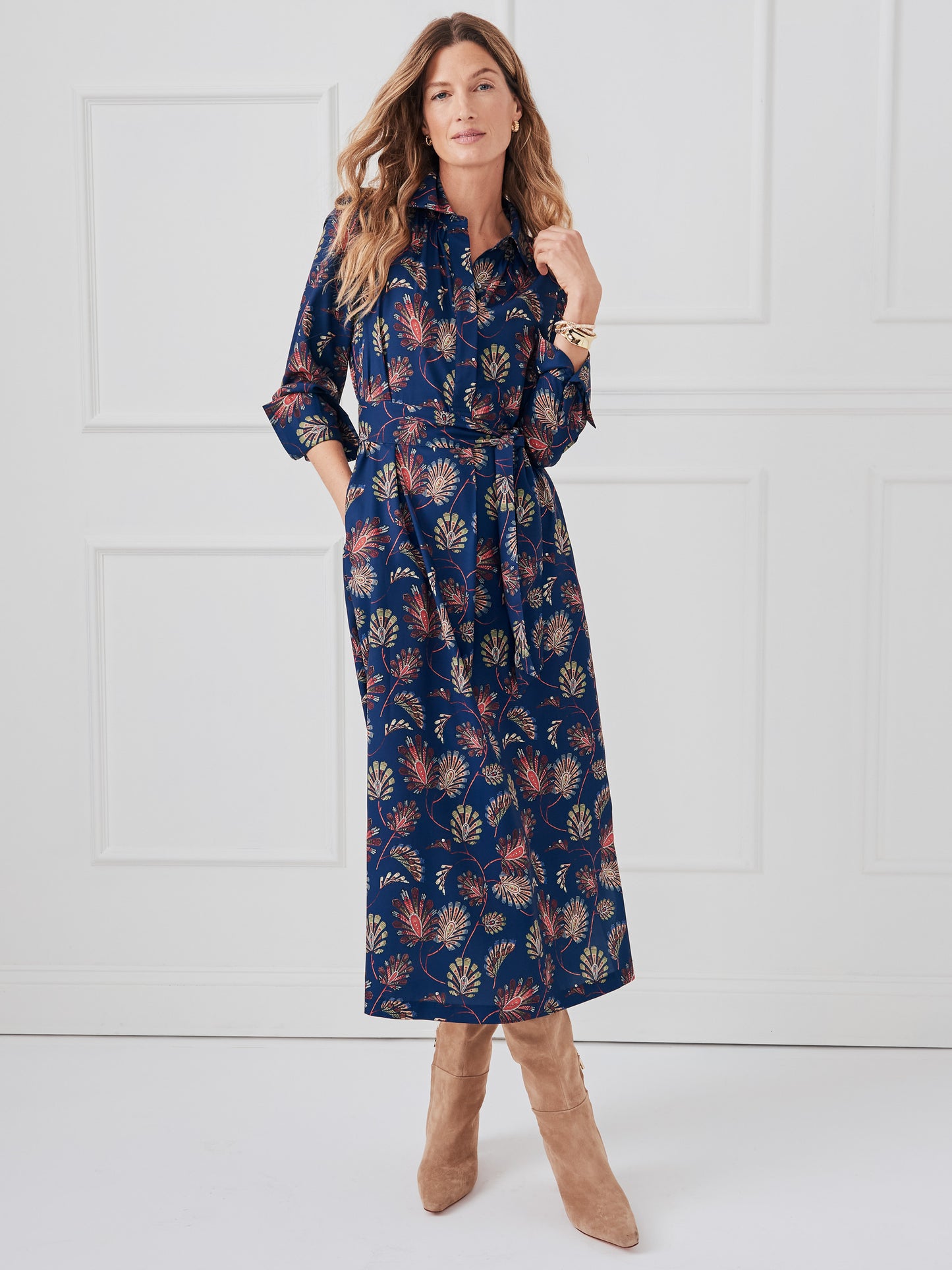 J.McLaughlin Belle dress in navy/multi made with polyester. 