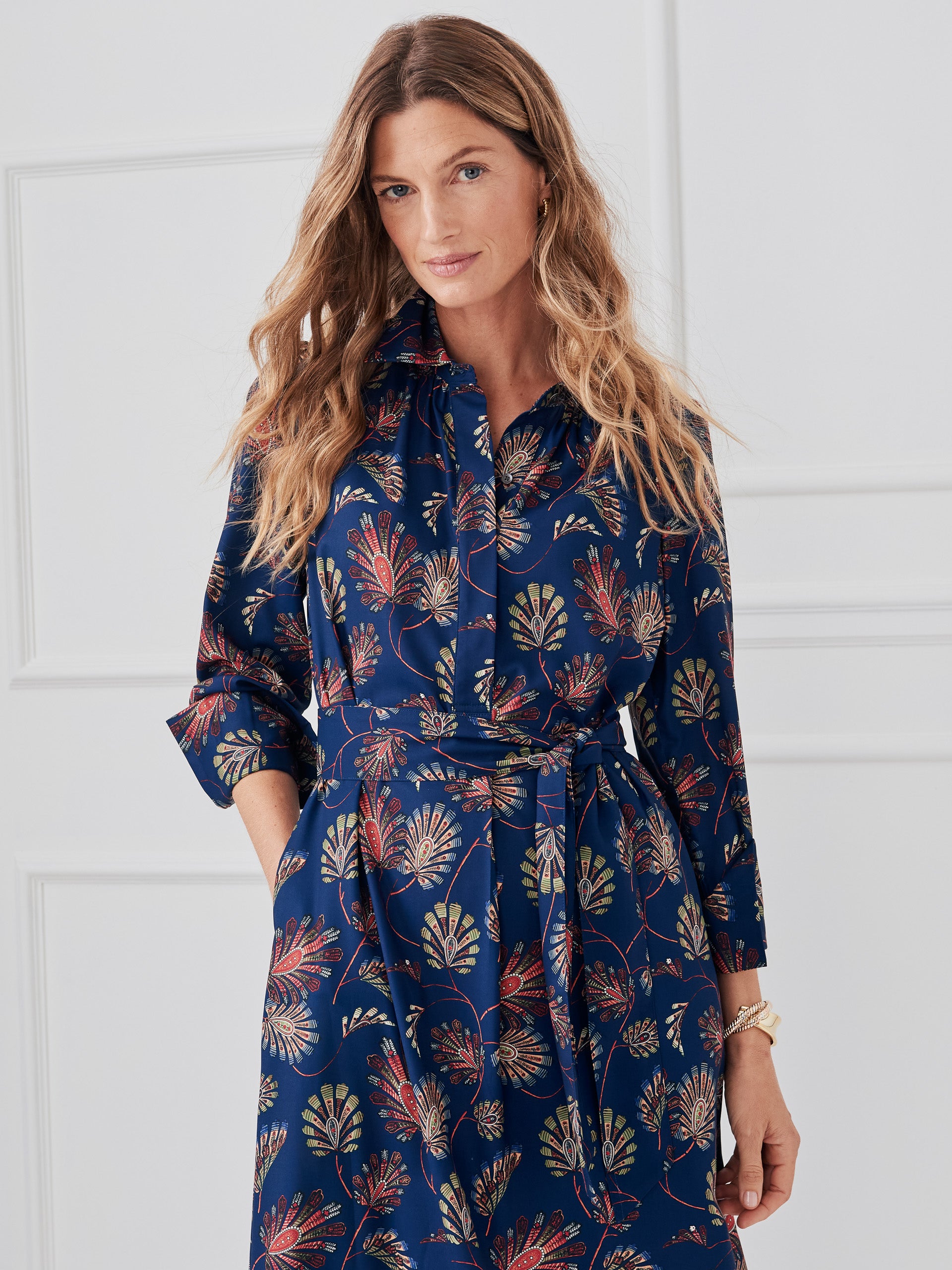 J.McLaughlin Belle dress in navy/multi made with polyester. 