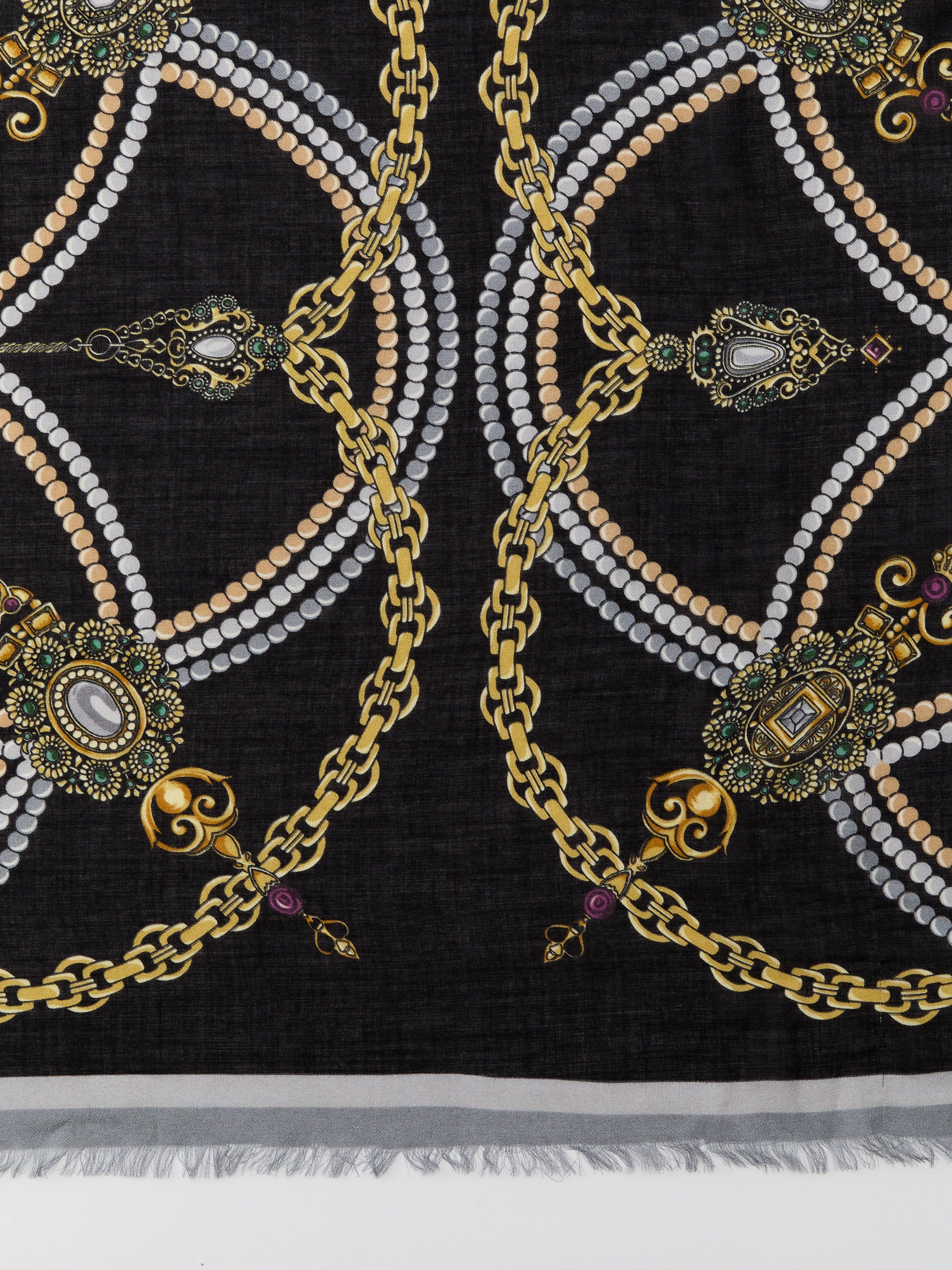 J.McLaughlin Bellini scarf in black/gold/purple made with modal and wool.