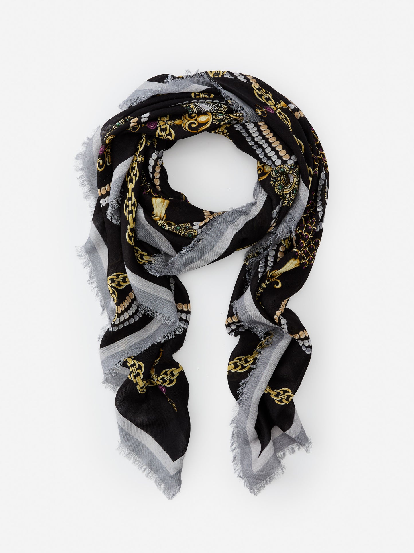 J.McLaughlin Bellini scarf in black/gold/purple made with modal and wool.