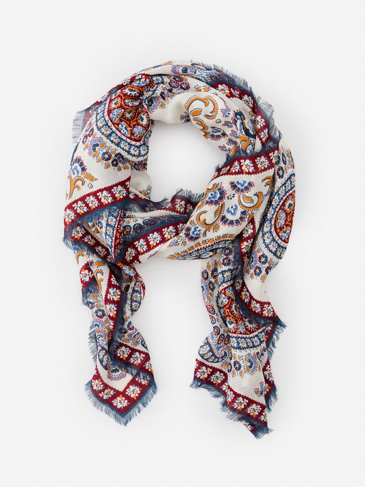J.McLaughlin Bellini scarf in off white/red/blue made with modal and wool.