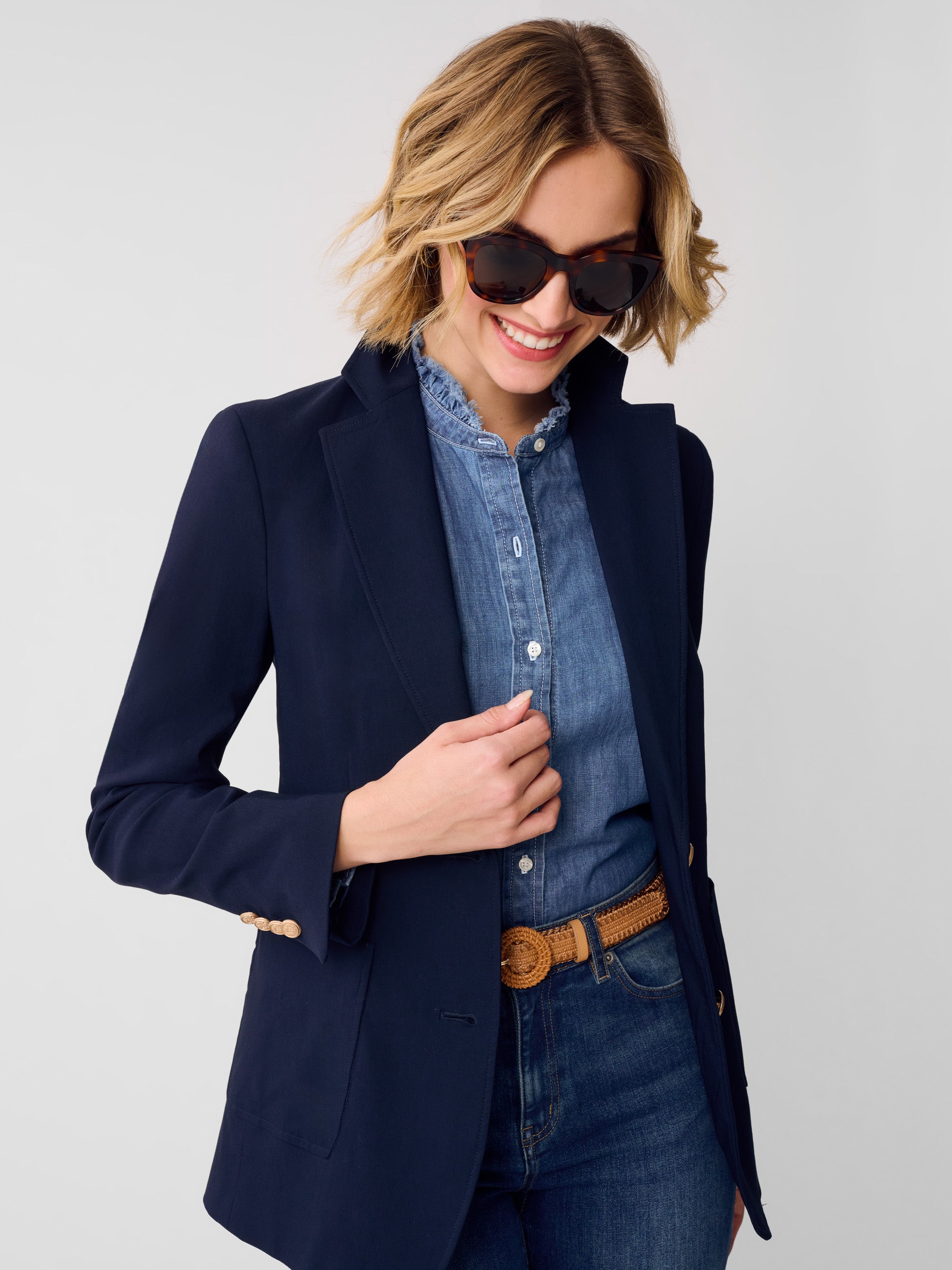 J.McLaughlin Benji blazer in winter navy made with Amelia cloth.