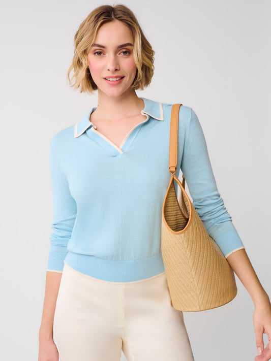 J.McLaughlin Bettina sweater in light blue/off white made with Somerset yarn. 