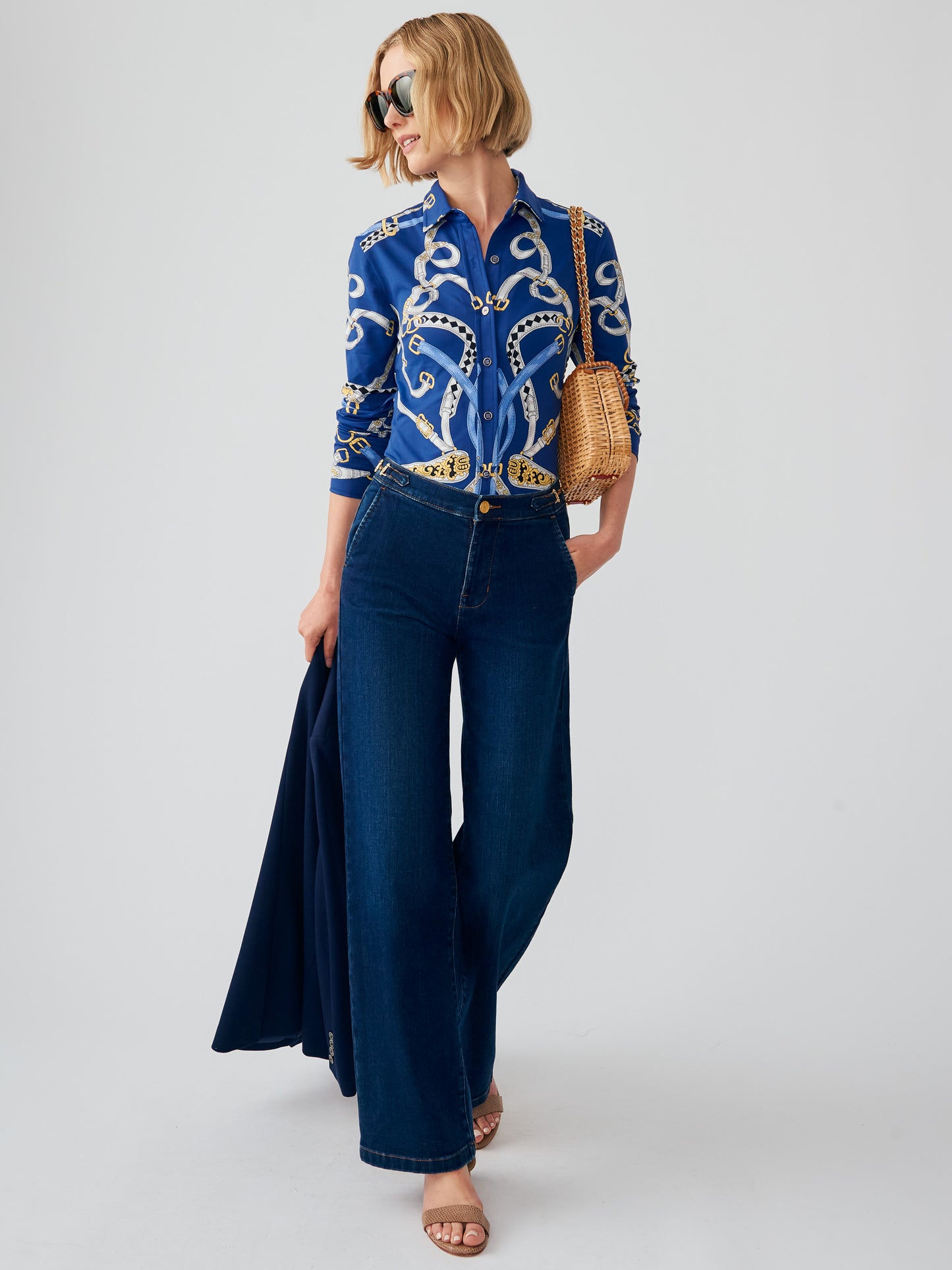 J.McLaughlin Betty shirt in navy/light blue made with Catalina cloth.