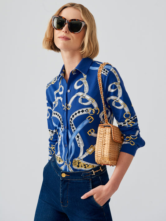 J.McLaughlin Betty shirt in navy/light blue made with Catalina cloth.