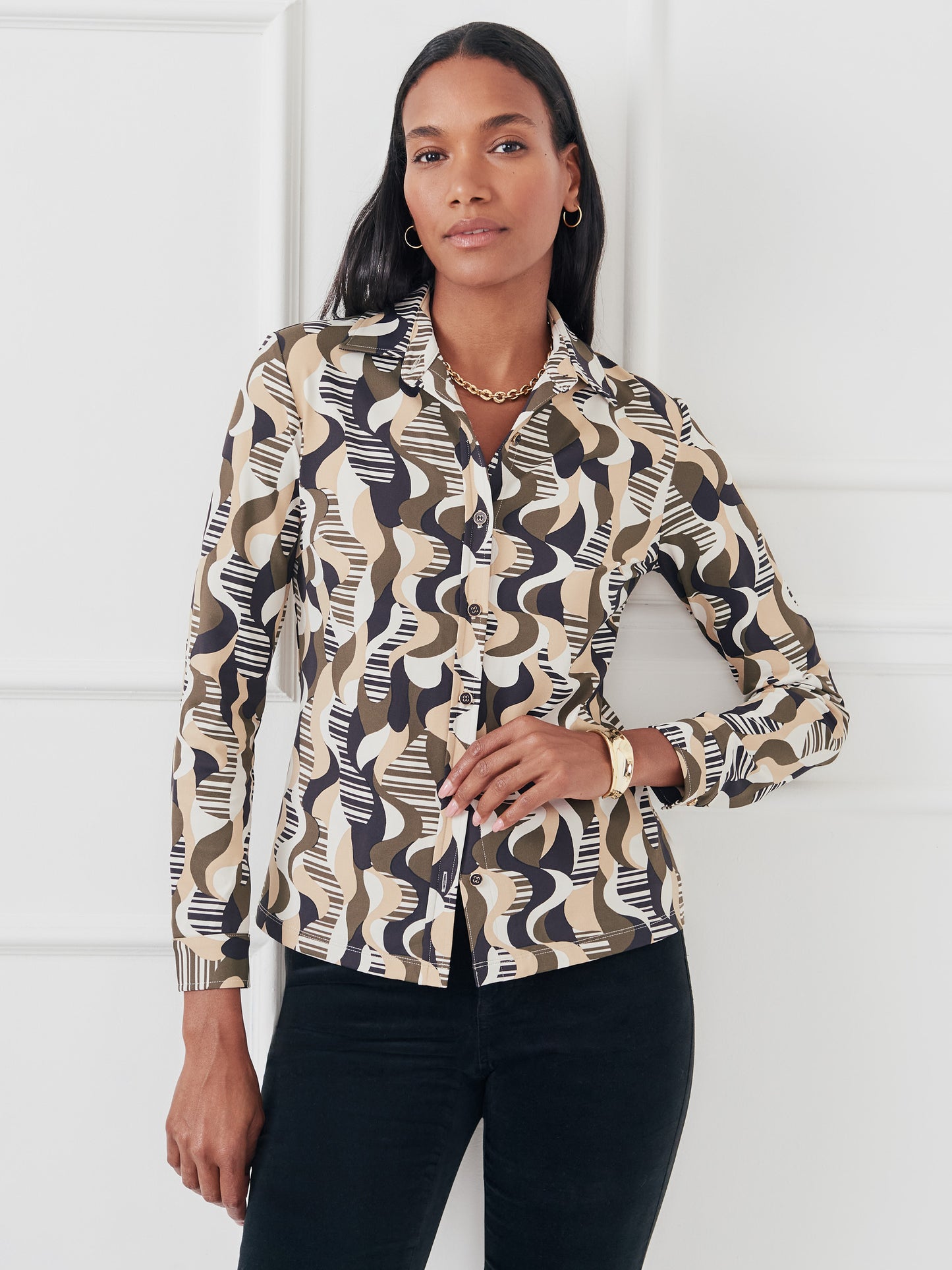 J.McLaughlin Betty shirt in olive/black made with catalina cloth. 