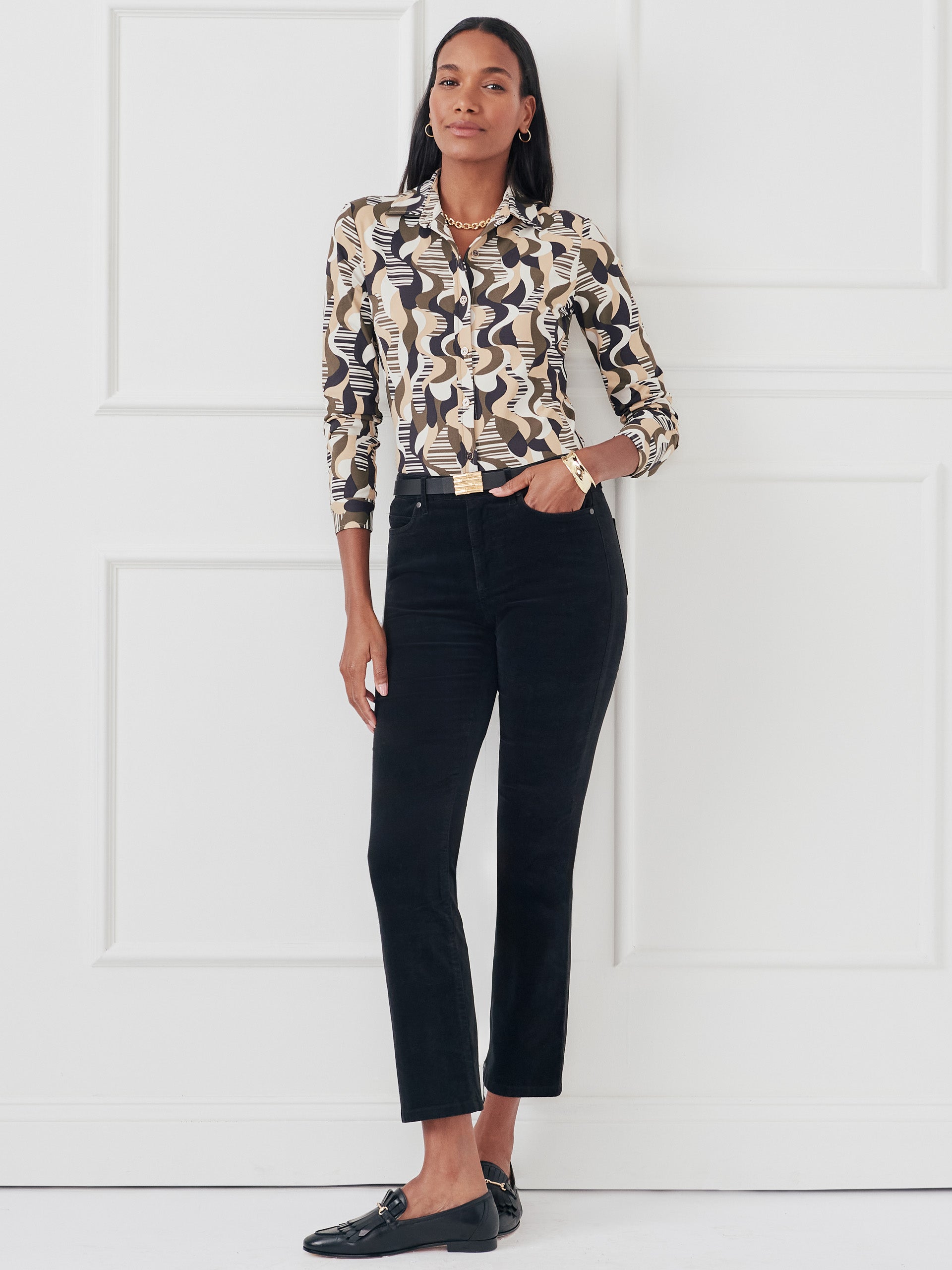 J.McLaughlin Betty shirt in olive/black made with catalina cloth. 
