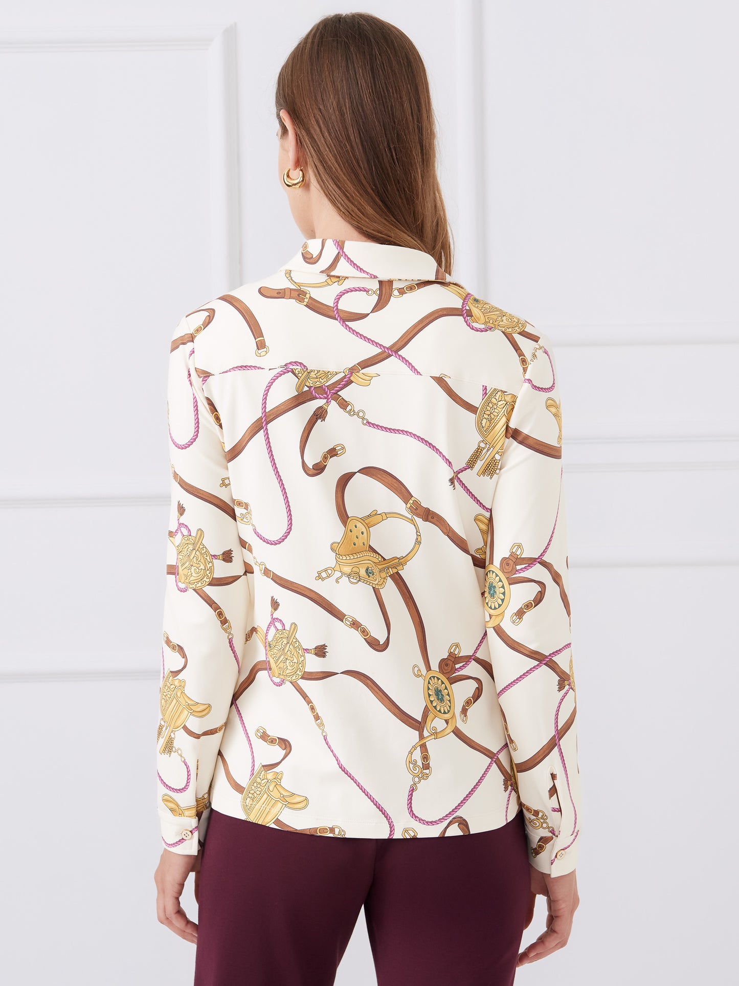 J.McLaughlin Betty Shirt in off white/gold/brown made with catalina cloth. 