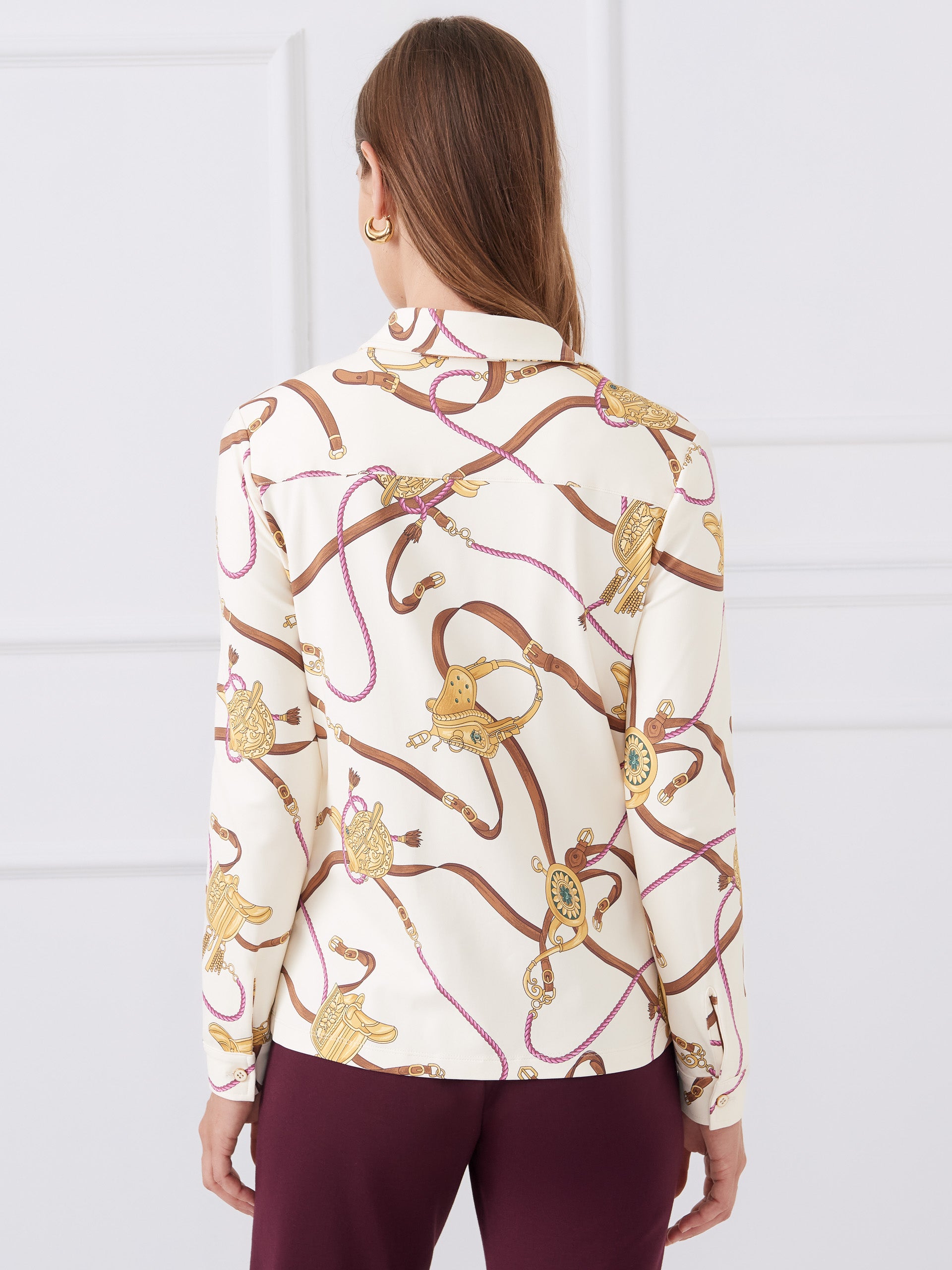 J.McLaughlin Betty Shirt in off white/gold/brown made with catalina cloth. 